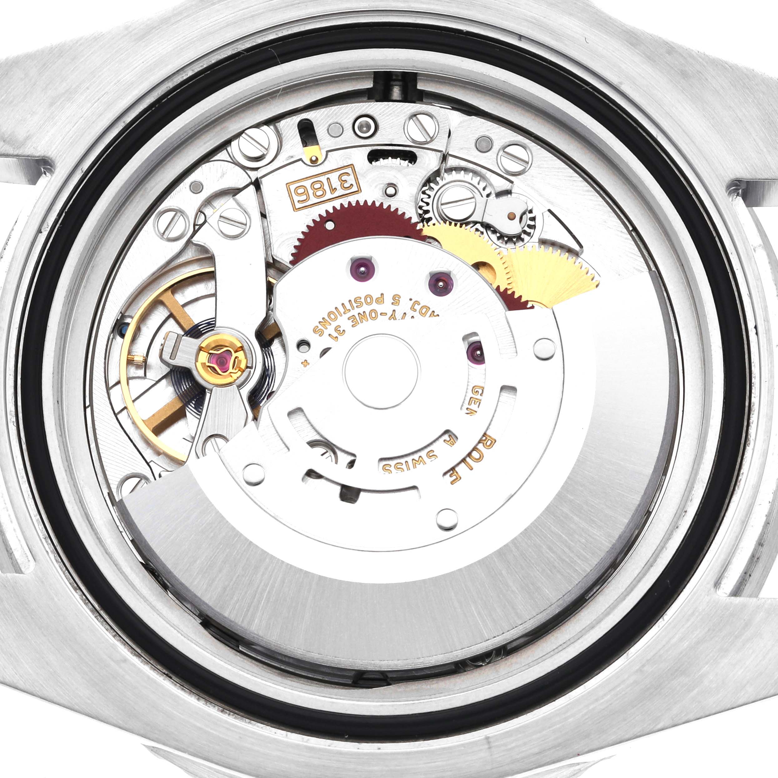 This image shows the open case back and movement mechanism of a Rolex GMT-Master 116710BLNR Men
s Stainless Steel Black Dial 116710BLNR Men
s Stainless Steel Black Dial watch.