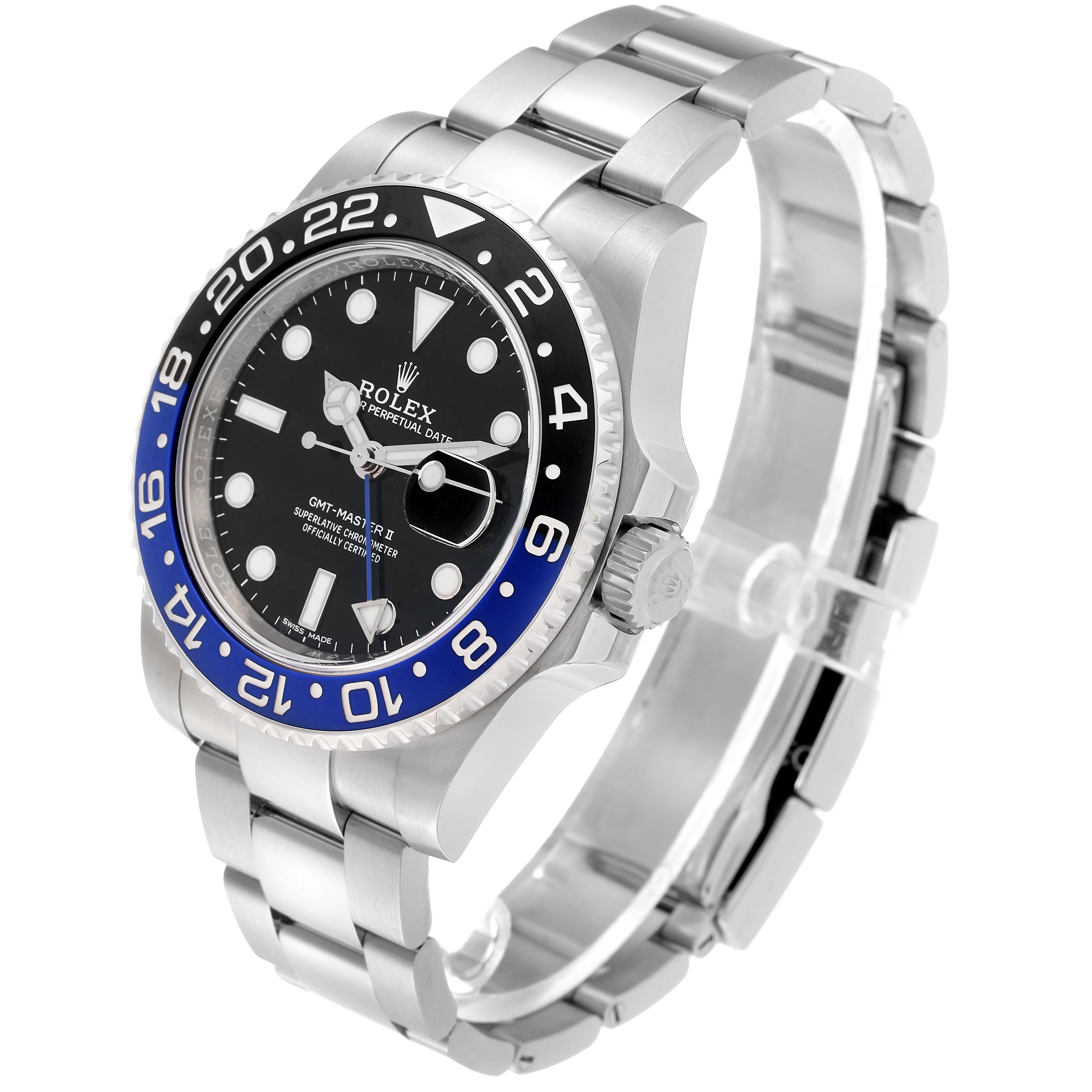 The Rolex GMT-Master 116710BLNR Men
s Stainless Steel Black Dial 116710BLNR Men
s Stainless Steel Black Dial watch is shown from a three-quarter angle, displaying the bezel, dial, crown, and bracelet.