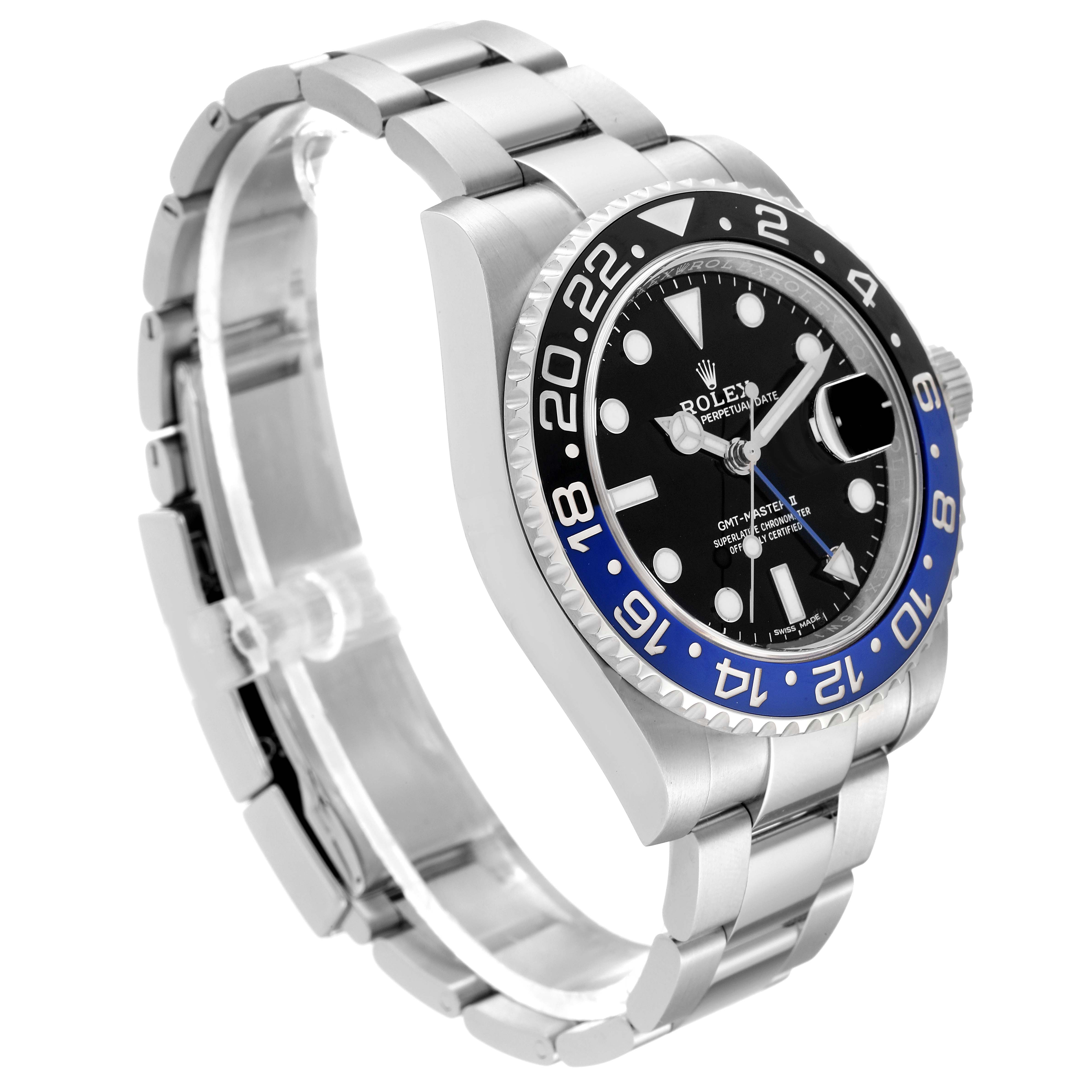 The Rolex GMT-Master 116710BLNR Men
s Stainless Steel Black Dial 116710BLNR Men
s Stainless Steel Black Dial watch is shown from an angled side view, highlighting the bezel, dial, and bracelet.
