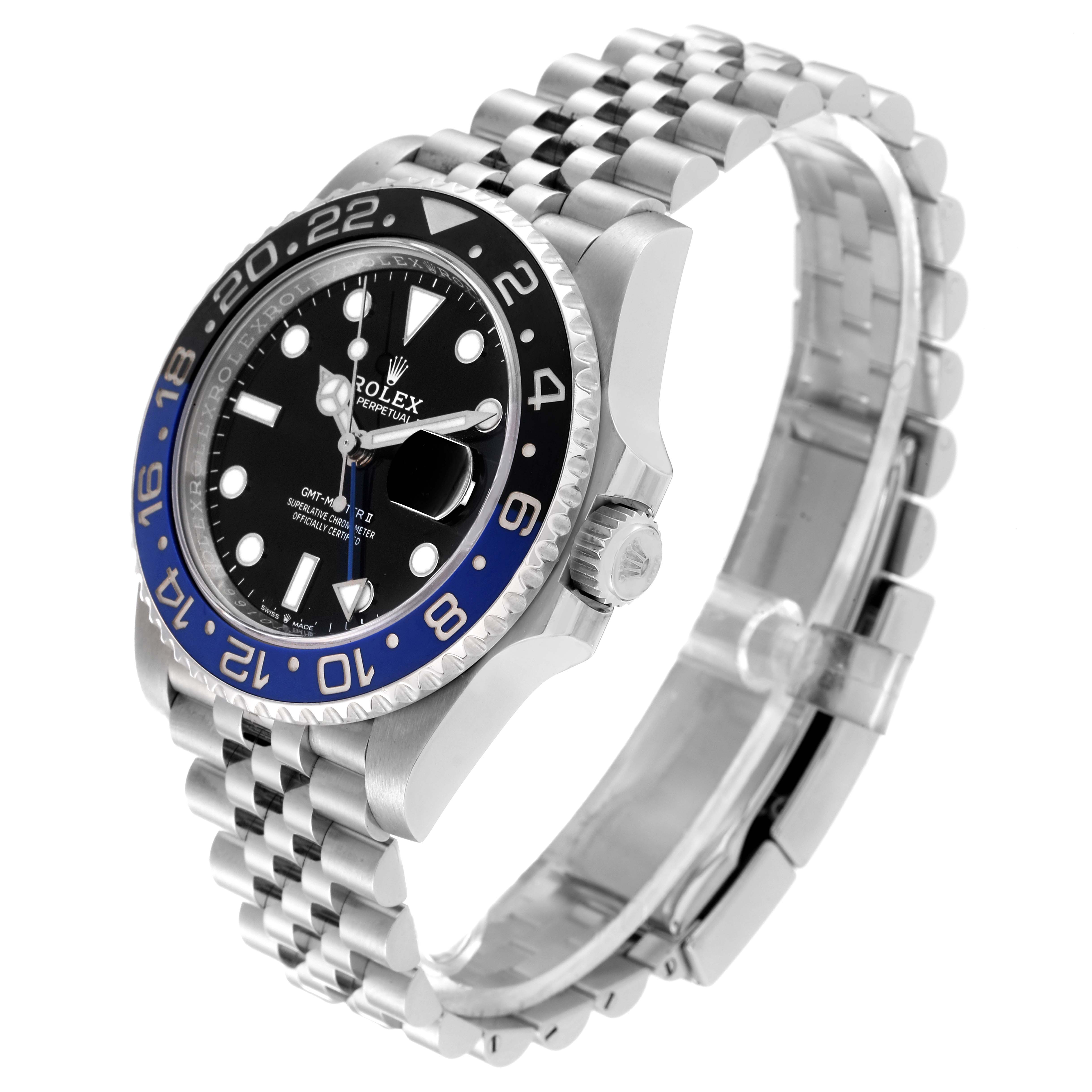 This image shows the side angle of a Rolex GMT-Master 126710BLNR Men's Stainless Steel Black Dial 126710BLNR Men's Stainless Steel Black Dial watch, highlighting its face, bezel, crown, and bracelet.
