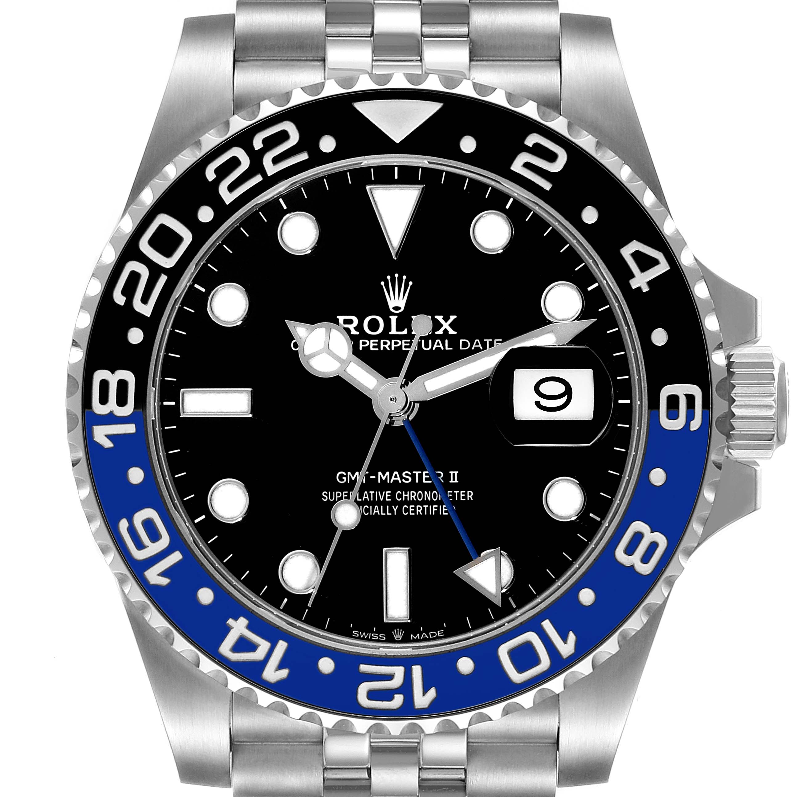 This image shows a frontal view of the Rolex GMT-Master 126710BLNR Men's Stainless Steel Black Dial 126710BLNR Men's Stainless Steel Black Dial II watch, featuring a black and blue bezel and a stainless steel bracelet.