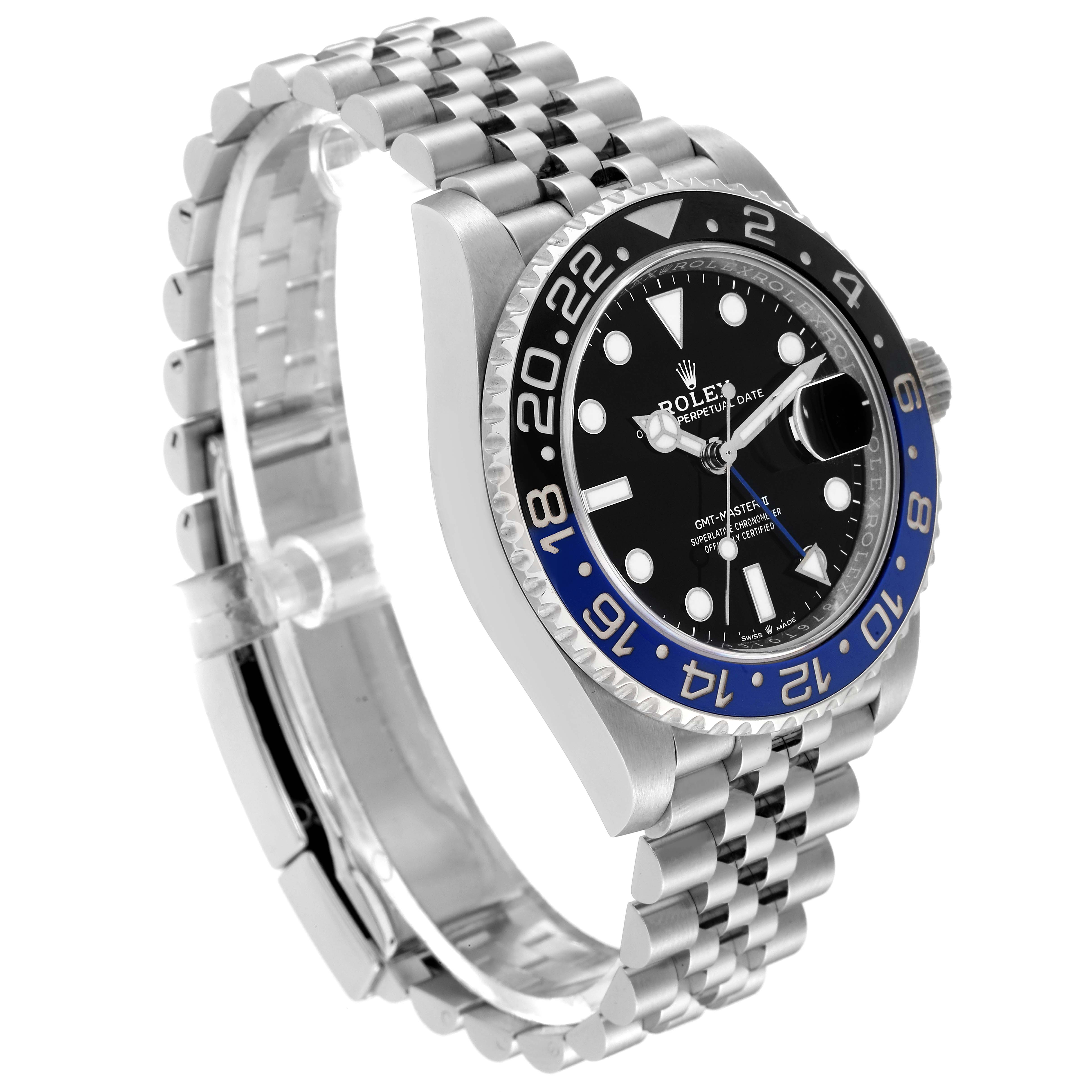 The image shows a side view of a Rolex GMT-Master 126710BLNR Men's Stainless Steel Black Dial 126710BLNR Men's Stainless Steel Black Dial watch, highlighting the bezel, face, and bracelet.