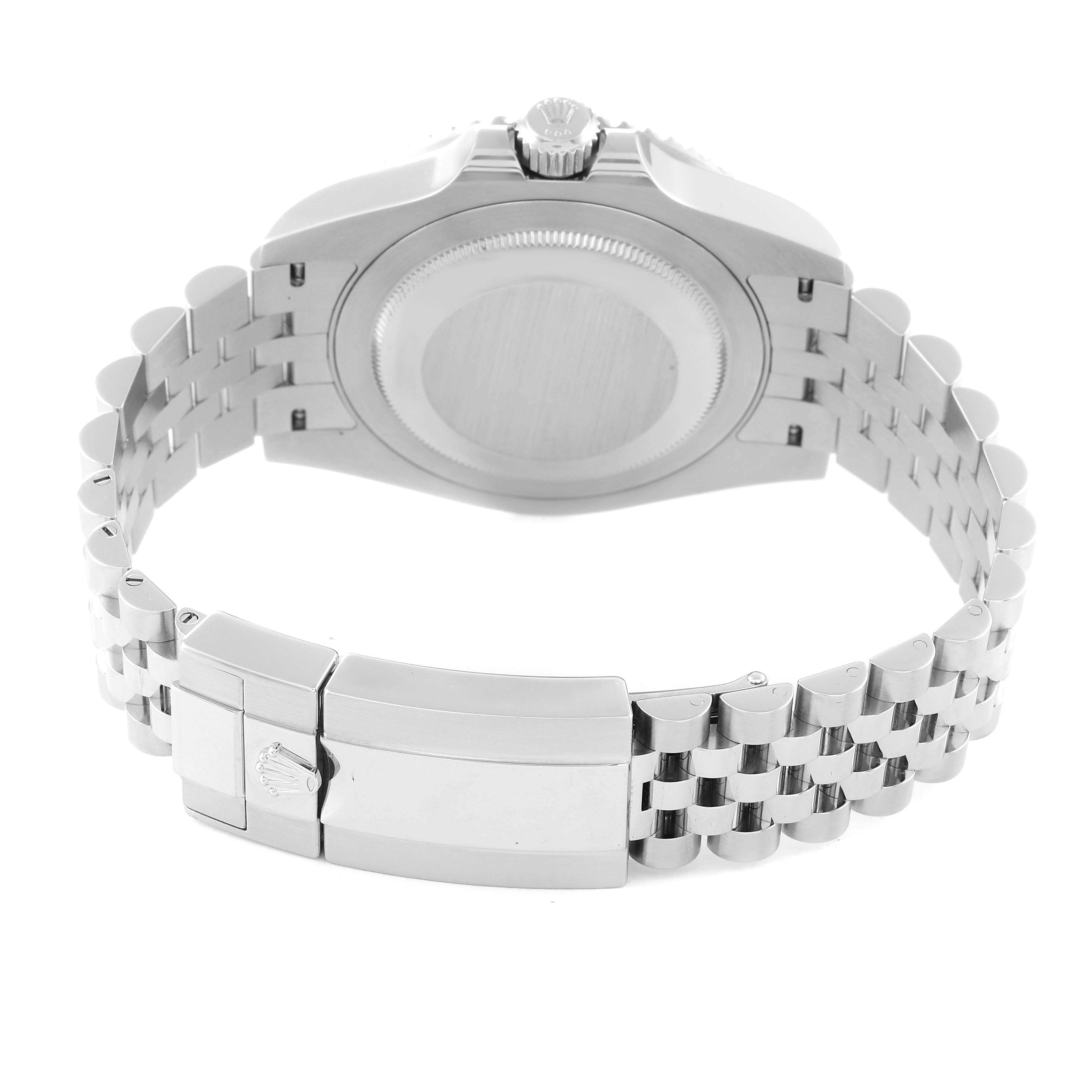 The image shows the back view of a Rolex GMT-Master 126710BLNR Men's Stainless Steel Black Dial 126710BLNR Men's Stainless Steel Black Dial model watch, focusing on the clasp, bracelet, and case back.