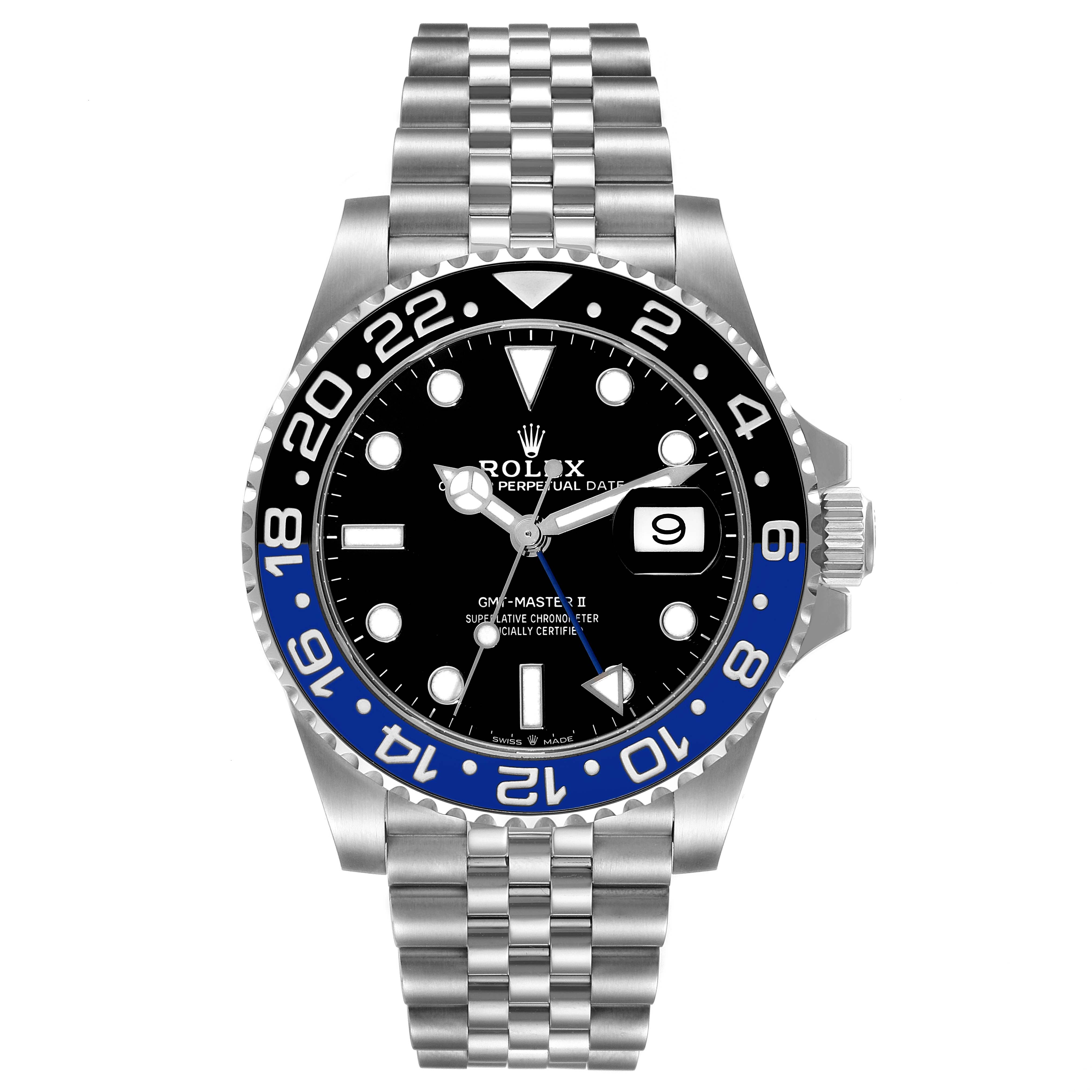 The Rolex GMT-Master 126710BLNR Men's Stainless Steel Black Dial 126710BLNR Men's Stainless Steel Black Dial watch is shown from a front angle, displaying its bezel, dial, and bracelet.