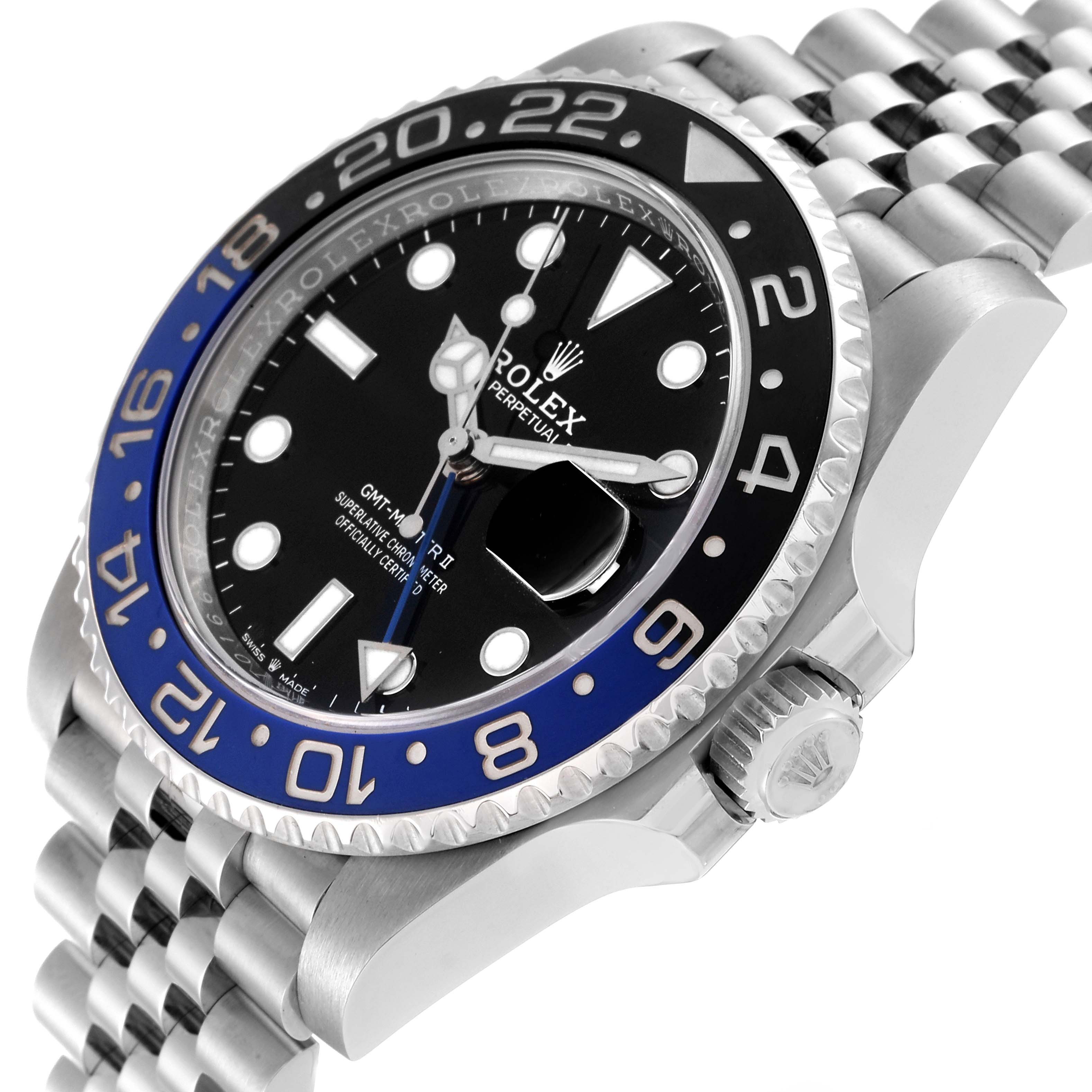 The image shows a Rolex GMT-Master 126710BLNR Men's Stainless Steel Black Dial 126710BLNR Men's Stainless Steel Black Dial watch at an angled close-up, highlighting the bezel, dial, crown, and part of the bracelet.