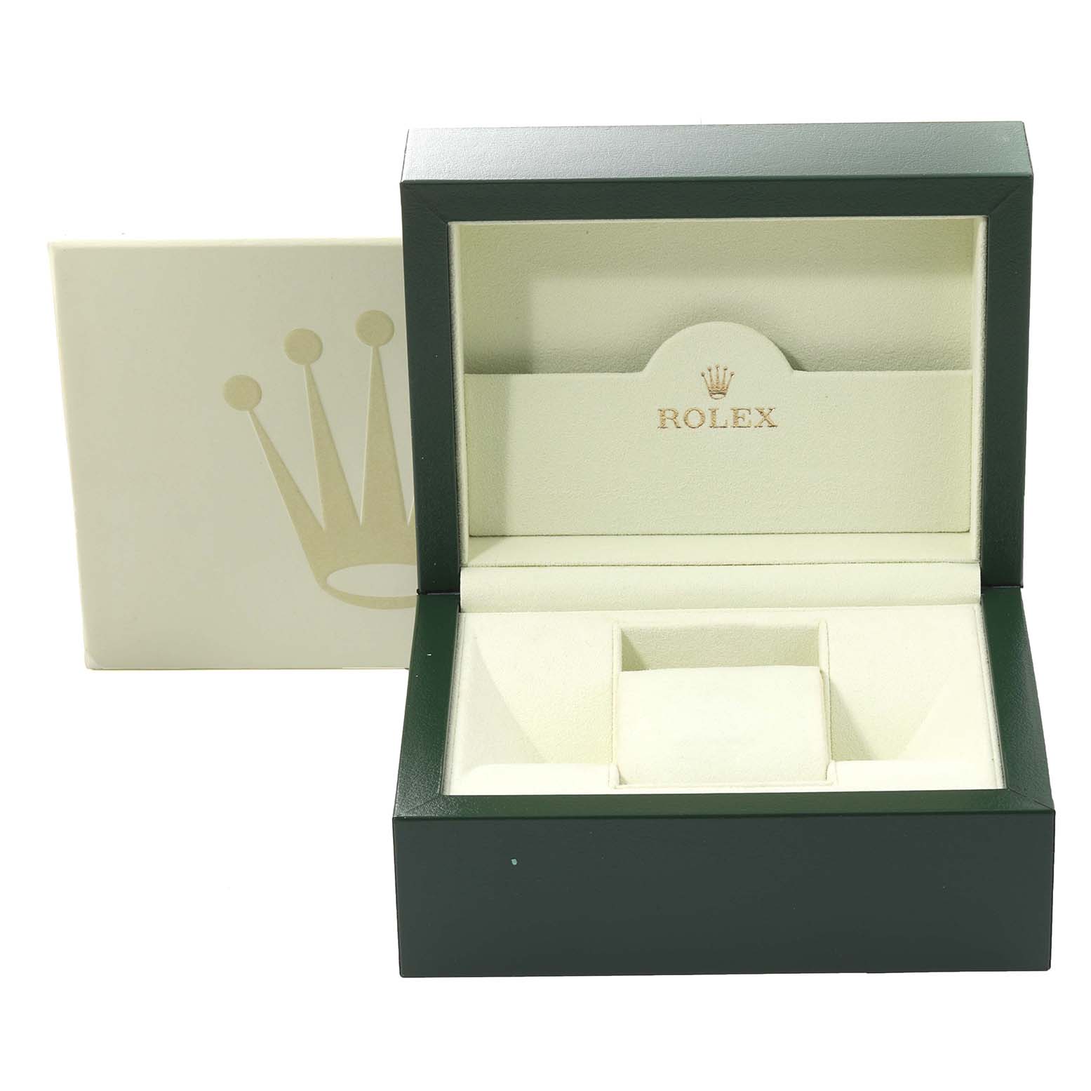 The image shows an open Rolex GMT-Master 16710 Men
s Stainless Steel Black Dial 16710 Men
s Stainless Steel Black Dial watch box with the lid propped open, highlighting the inner compartment and cushioning.