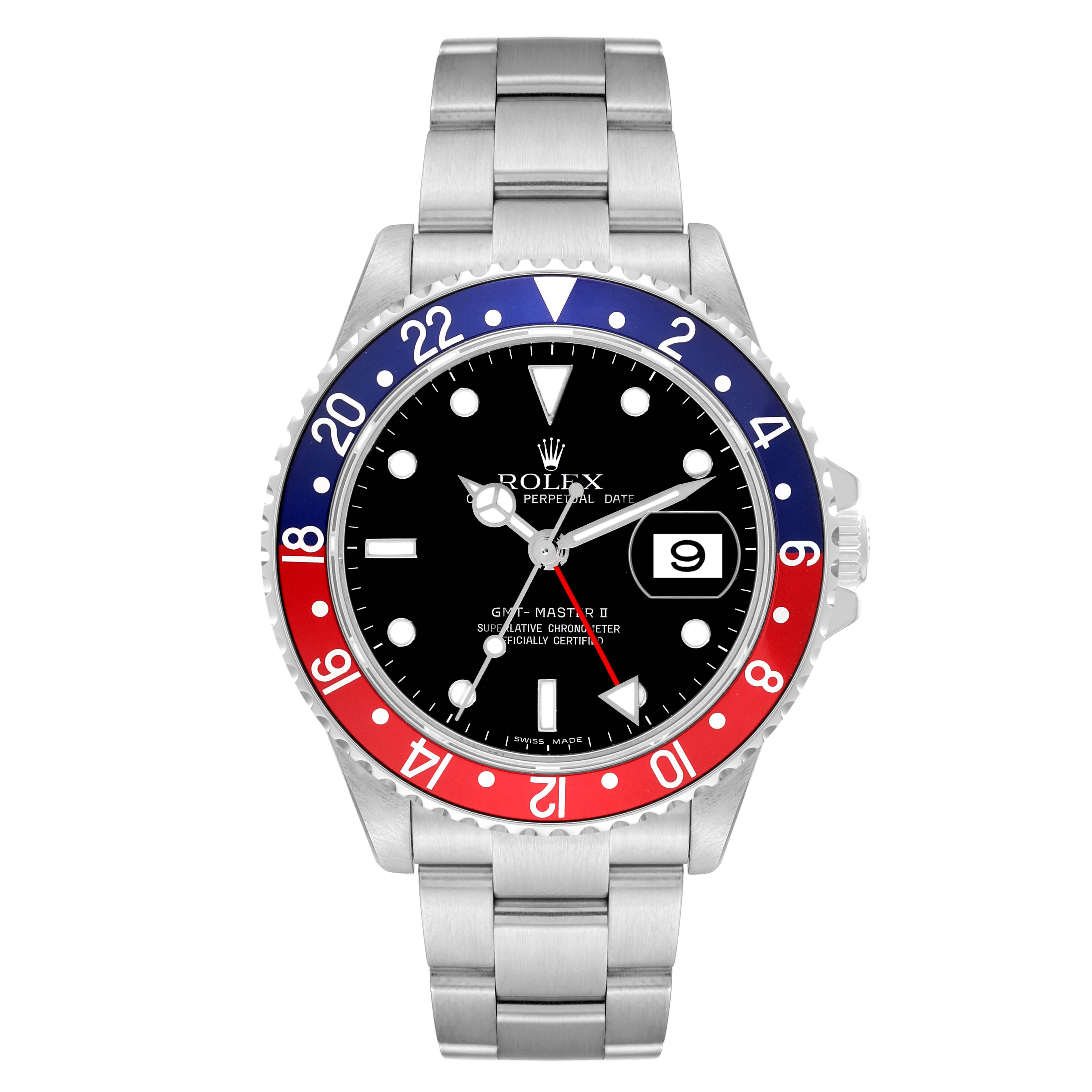 This image shows a Rolex GMT-Master 16710 Men
s Stainless Steel Black Dial 16710 Men
s Stainless Steel Black Dial II watch at a front angle, highlighting the bezel, dial, hands, and bracelet.