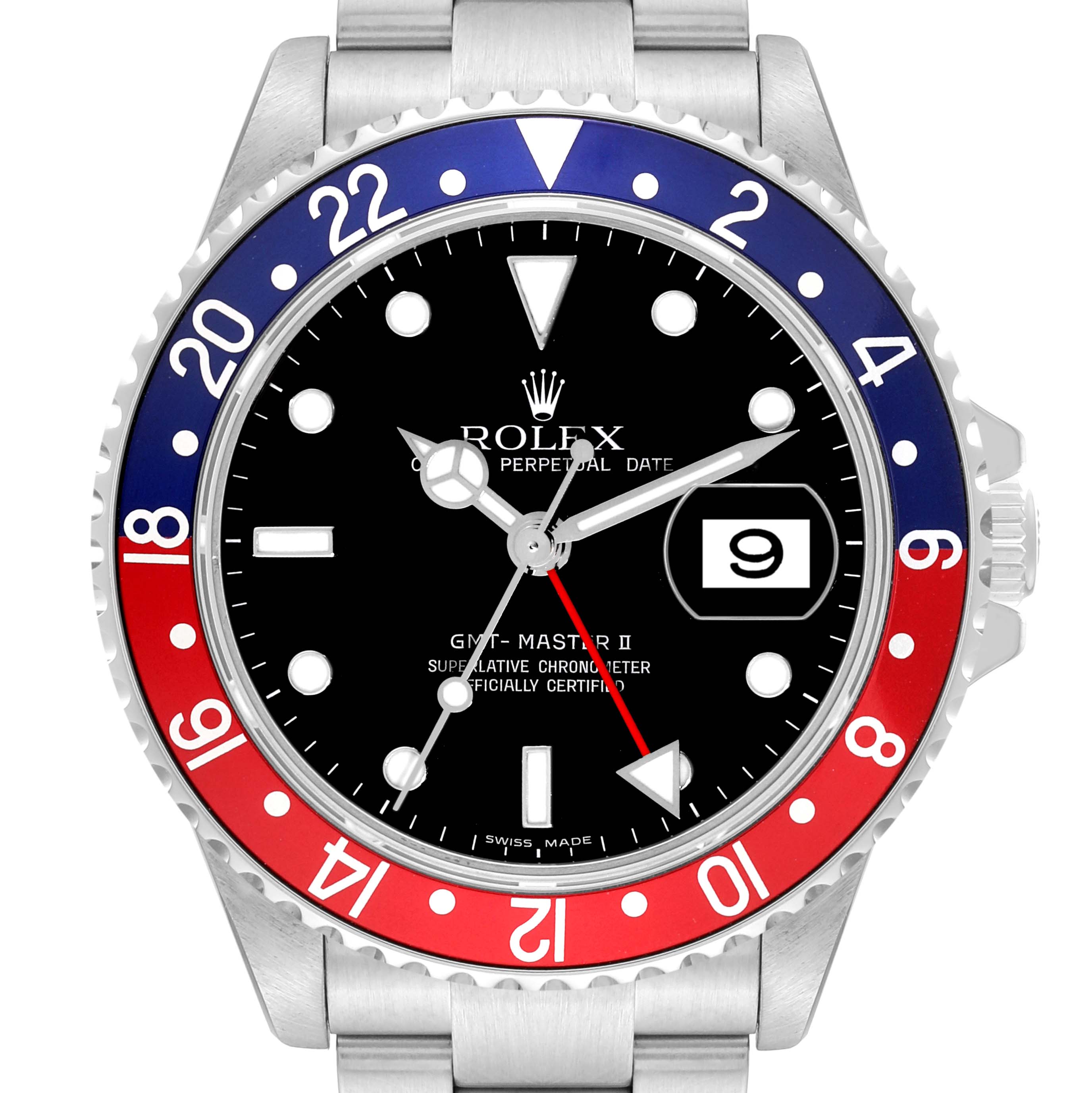 The Rolex GMT-Master 16710 Men
s Stainless Steel Black Dial 16710 Men
s Stainless Steel Black Dial II watch is shown from a top view, highlighting the bezel, dial, and part of the bracelet.