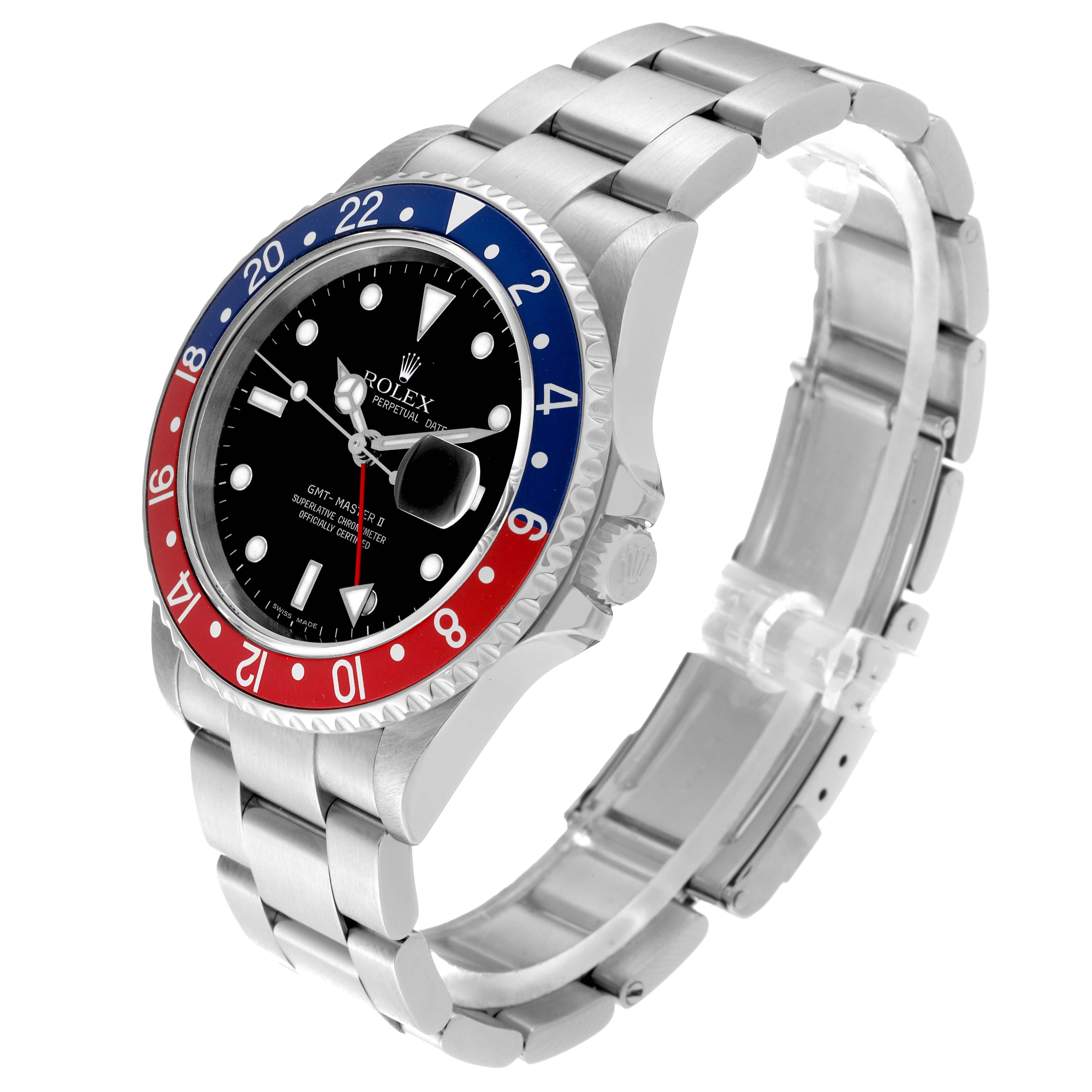 The image shows a side angle view of a Rolex GMT-Master 16710 Men
s Stainless Steel Black Dial 16710 Men
s Stainless Steel Black Dial watch, highlighting the bezel, dial, and bracelet.