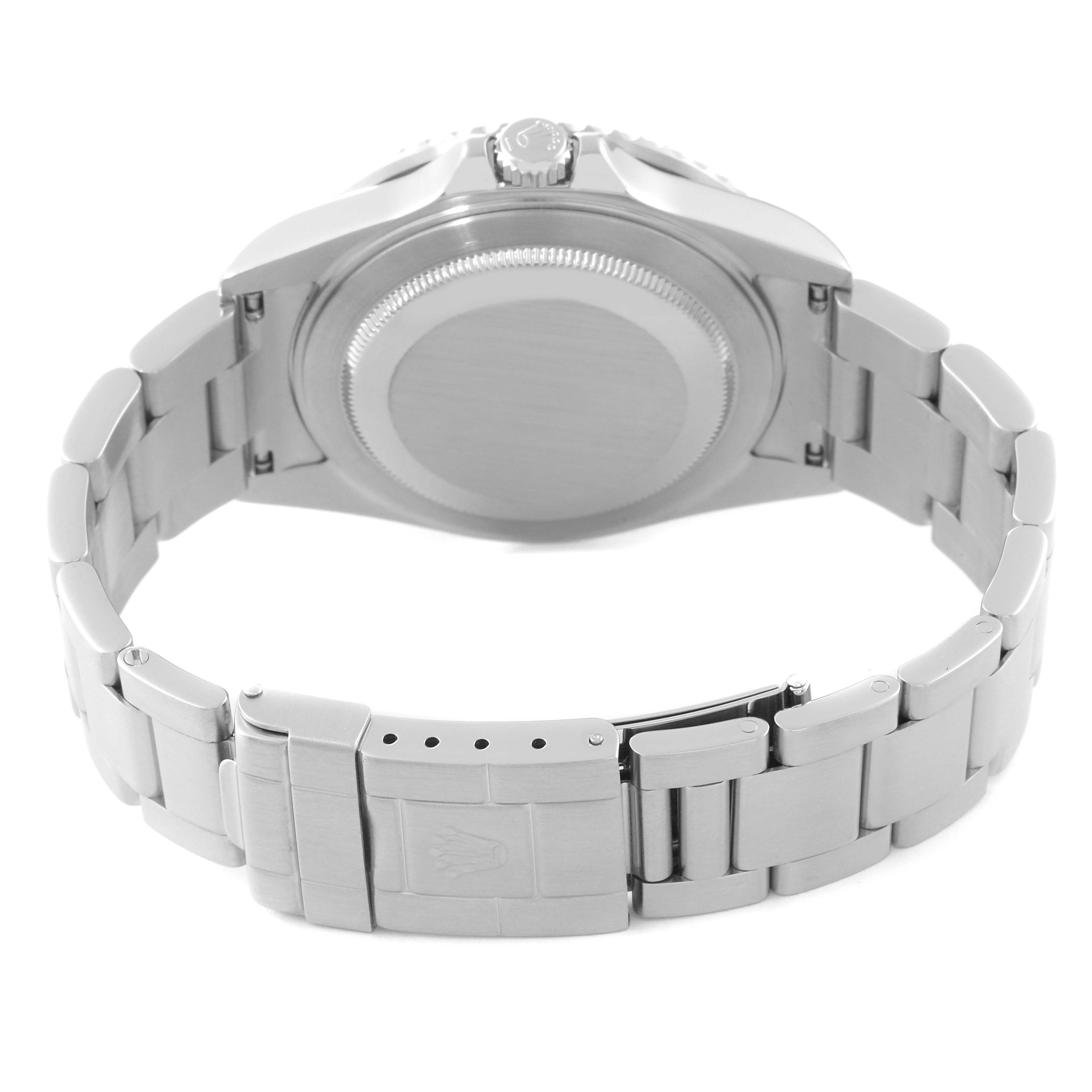 The image shows the back case and bracelet clasp of a Rolex GMT-Master 16710 Men
s Stainless Steel Black Dial 16710 Men
s Stainless Steel Black Dial watch, viewed from the underside.