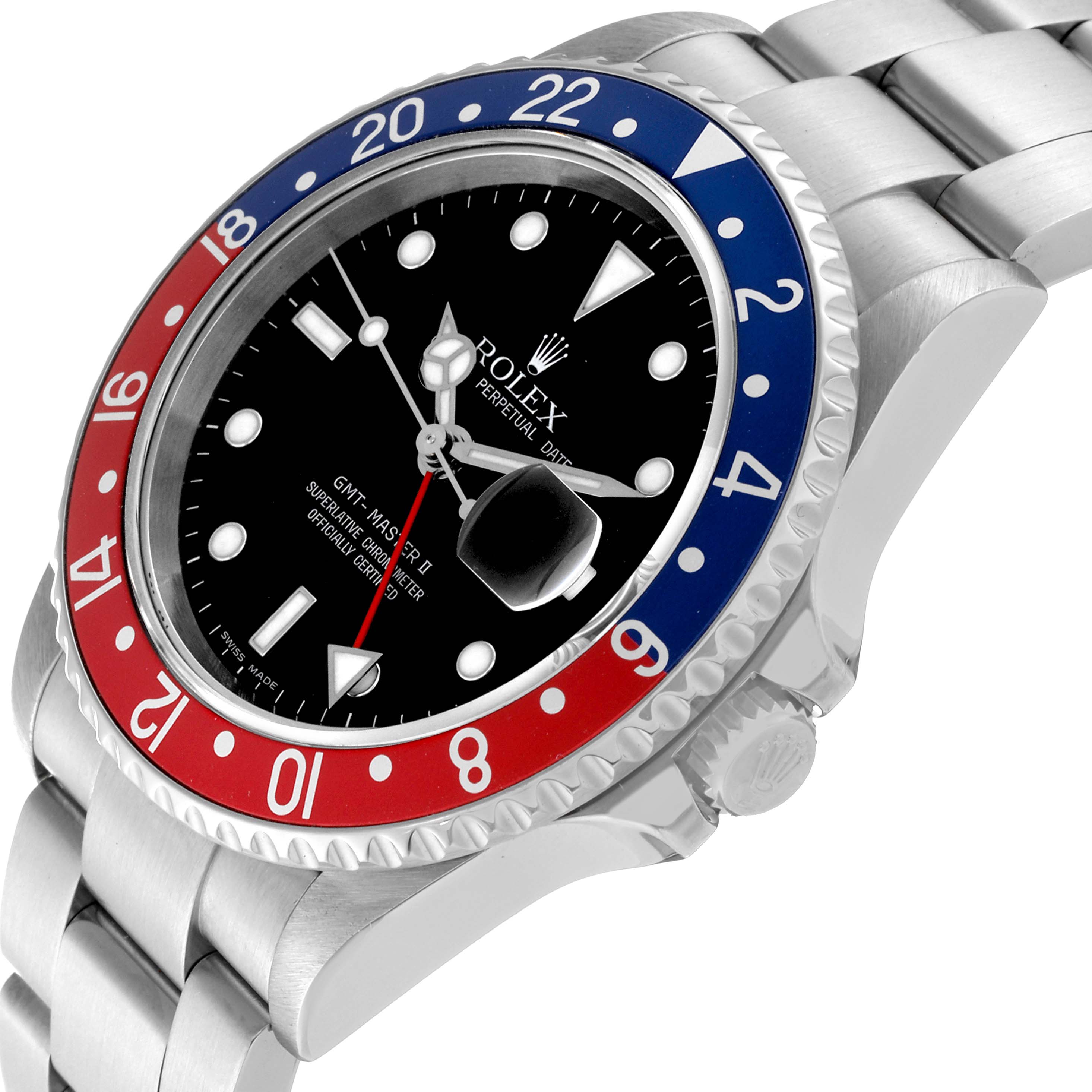 The image shows a Rolex GMT-Master 16710 Men
s Stainless Steel Black Dial 16710 Men
s Stainless Steel Black Dial II watch at an angle highlighting its bezel, dial, bracelet, and crown.