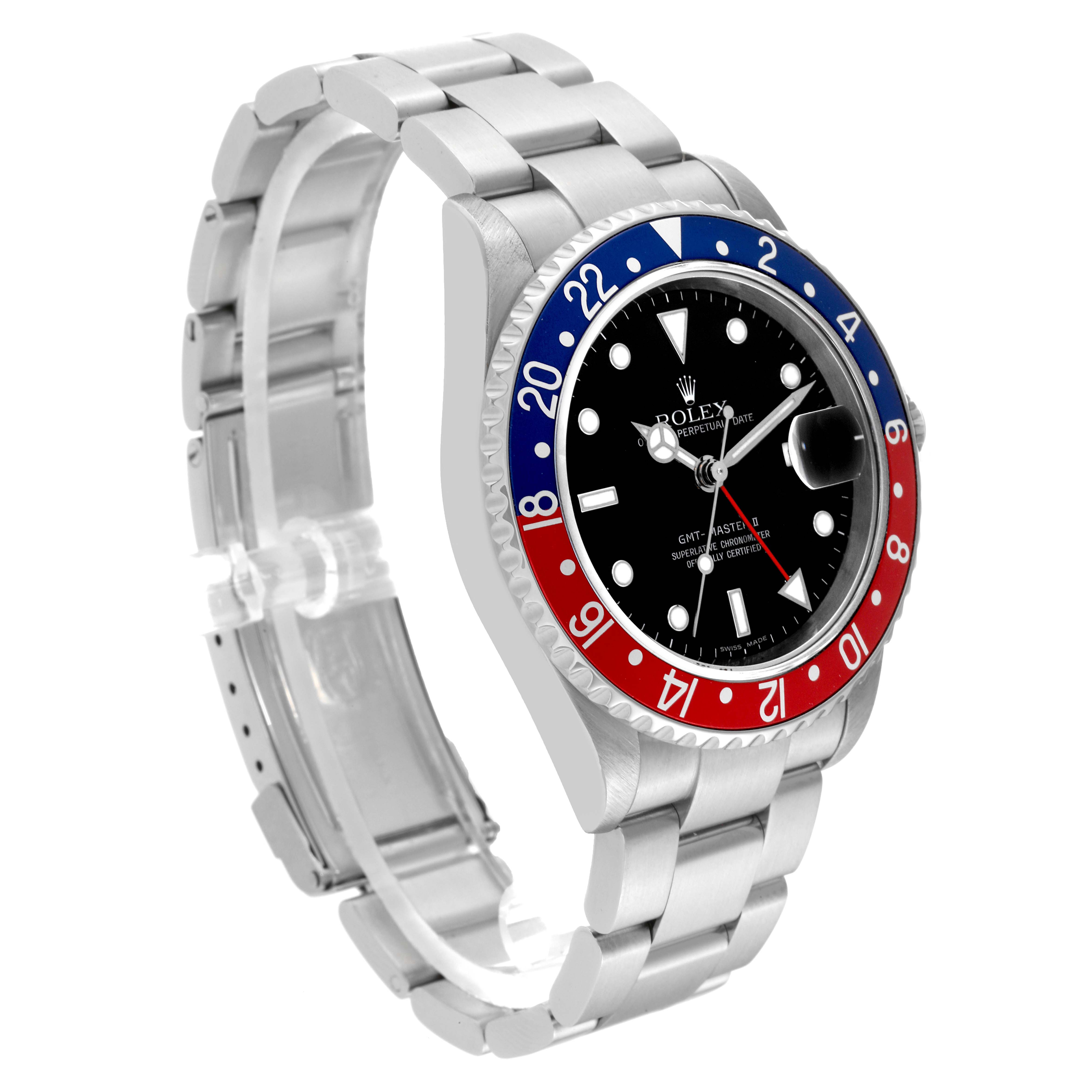 The image shows a front and angled view of a Rolex GMT-Master 16710 Men
s Stainless Steel Black Dial 16710 Men
s Stainless Steel Black Dial watch, highlighting its bezel, dial, and stainless steel bracelet.