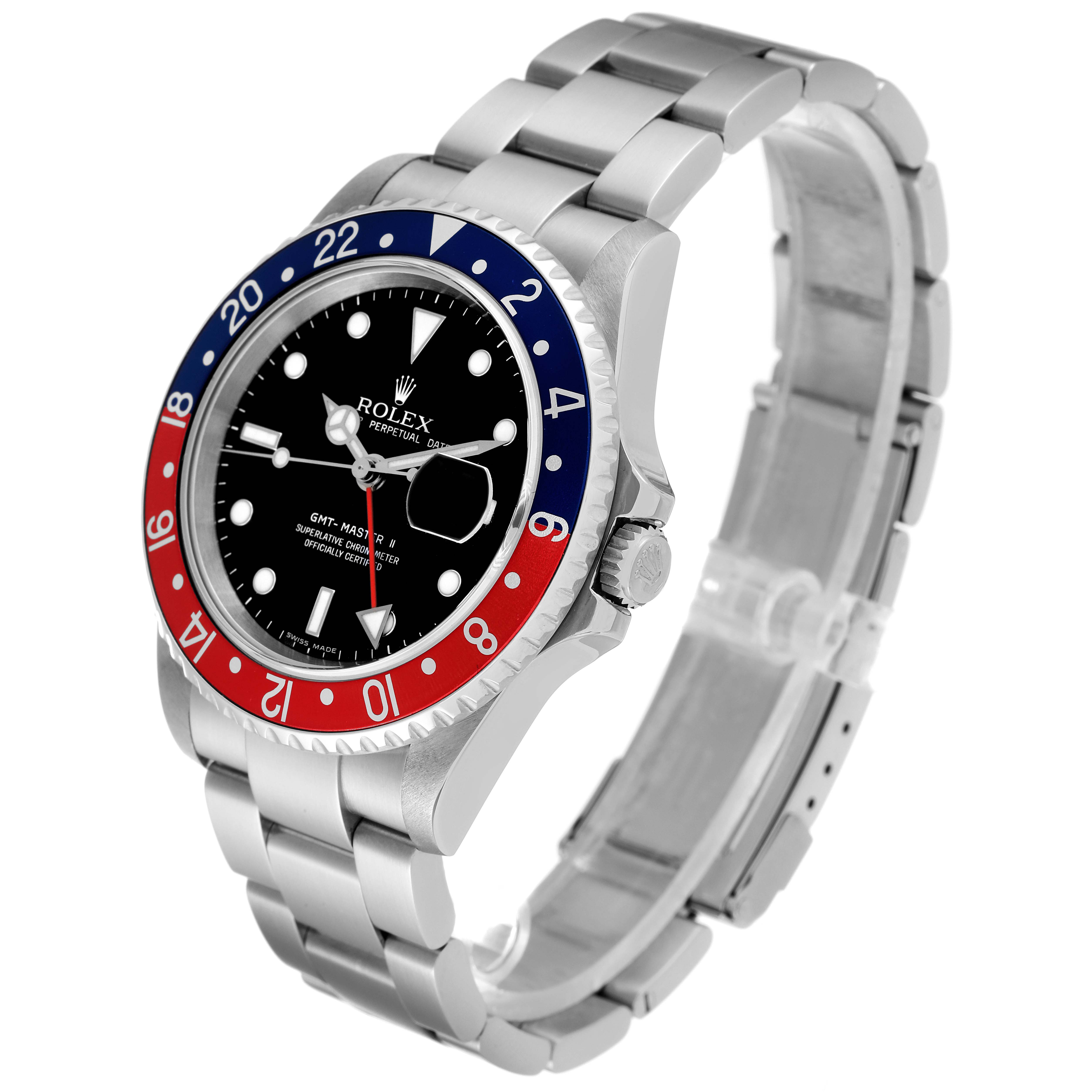The image shows a Rolex GMT-Master 16710 Men's Stainless Steel Black Dial 16710 Men's Stainless Steel Black Dial II watch at a three-quarter angle, highlighting the dial, bezel, and bracelet.
