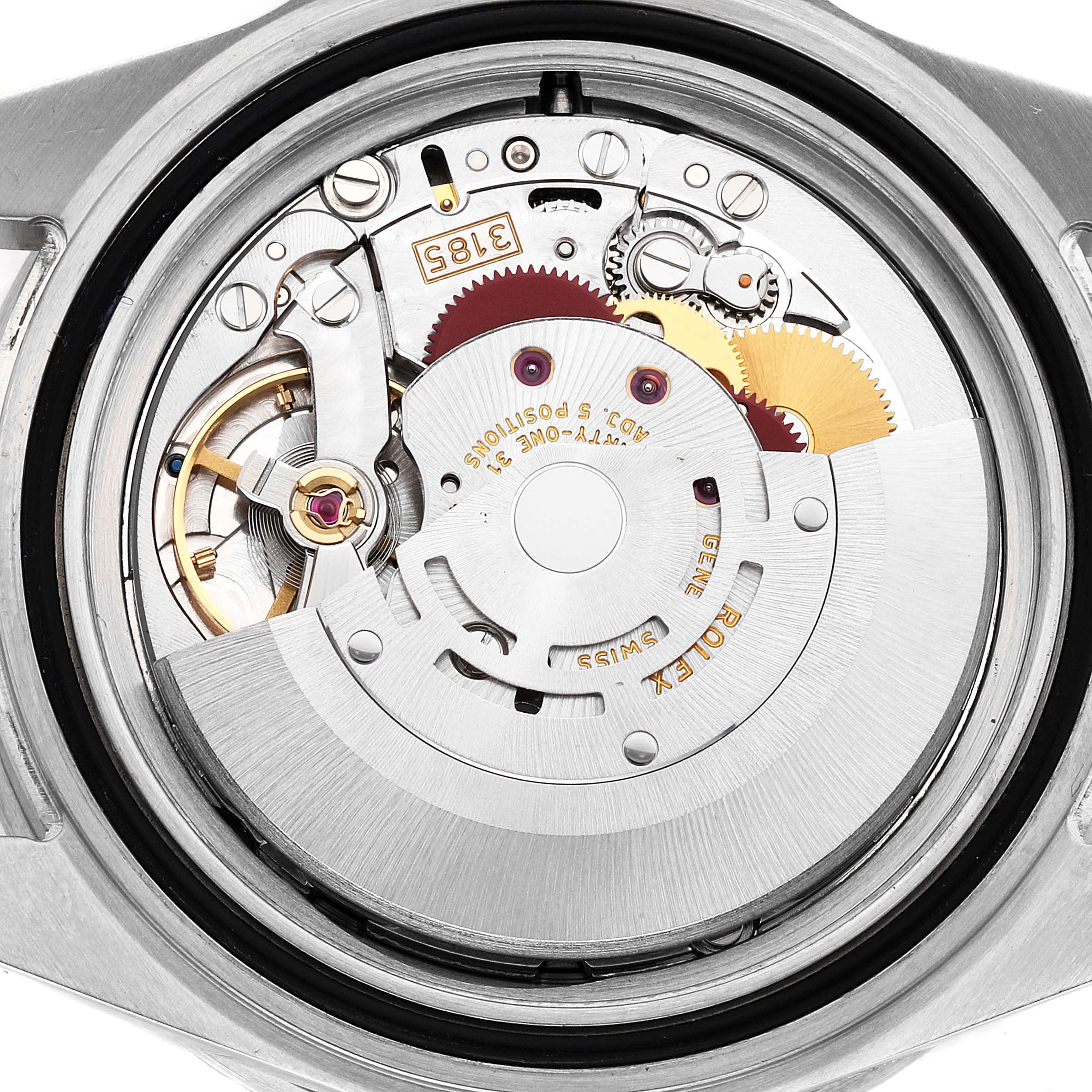 The image shows the movement and internal mechanism of a Rolex GMT-Master 16710 Men's Stainless Steel Black Dial 16710 Men's Stainless Steel Black Dial watch from a rear angle with the case back removed.