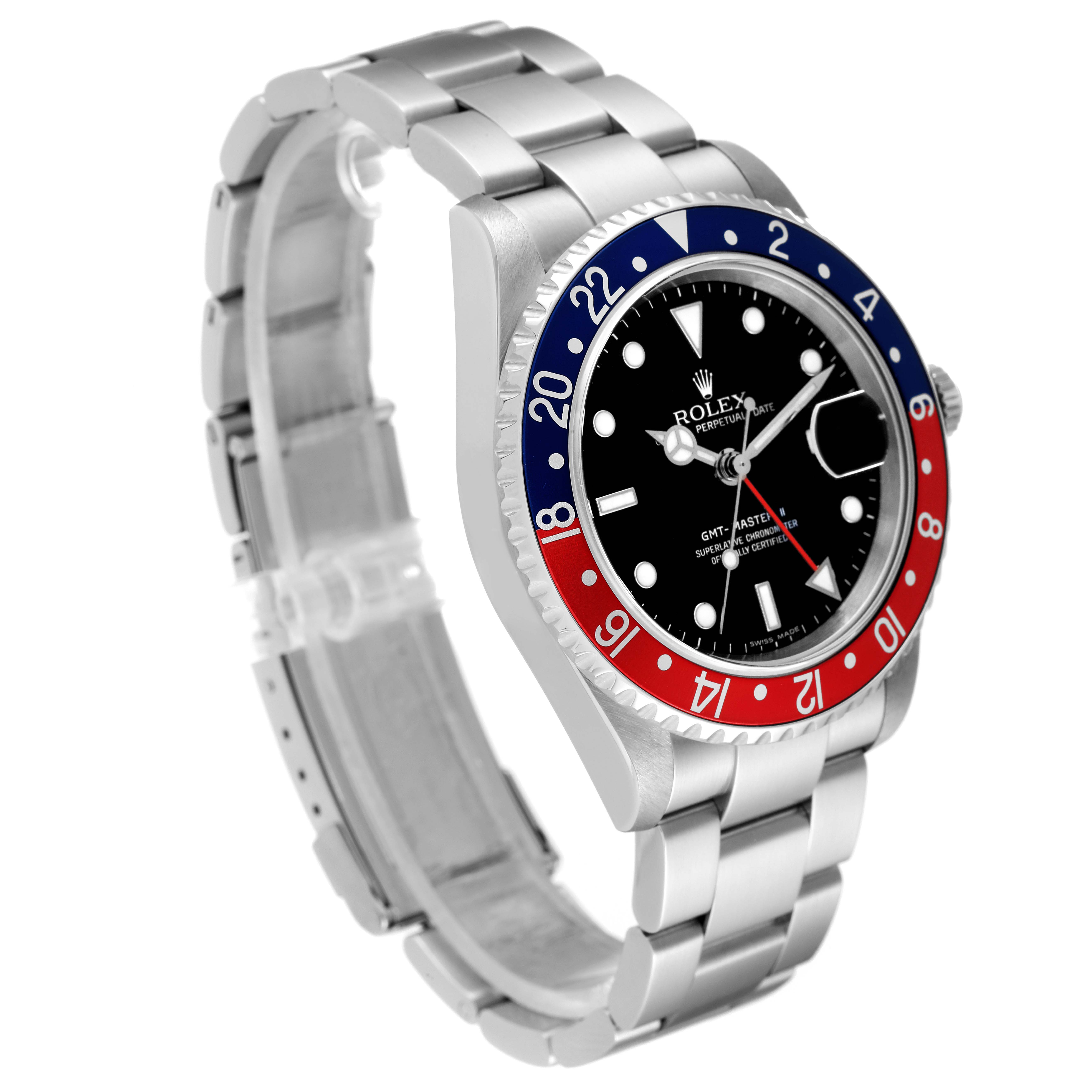 The Rolex GMT-Master 16710 Men's Stainless Steel Black Dial 16710 Men's Stainless Steel Black Dial watch is shown at a three-quarter angle, highlighting its bezel, dial, case, and bracelet.