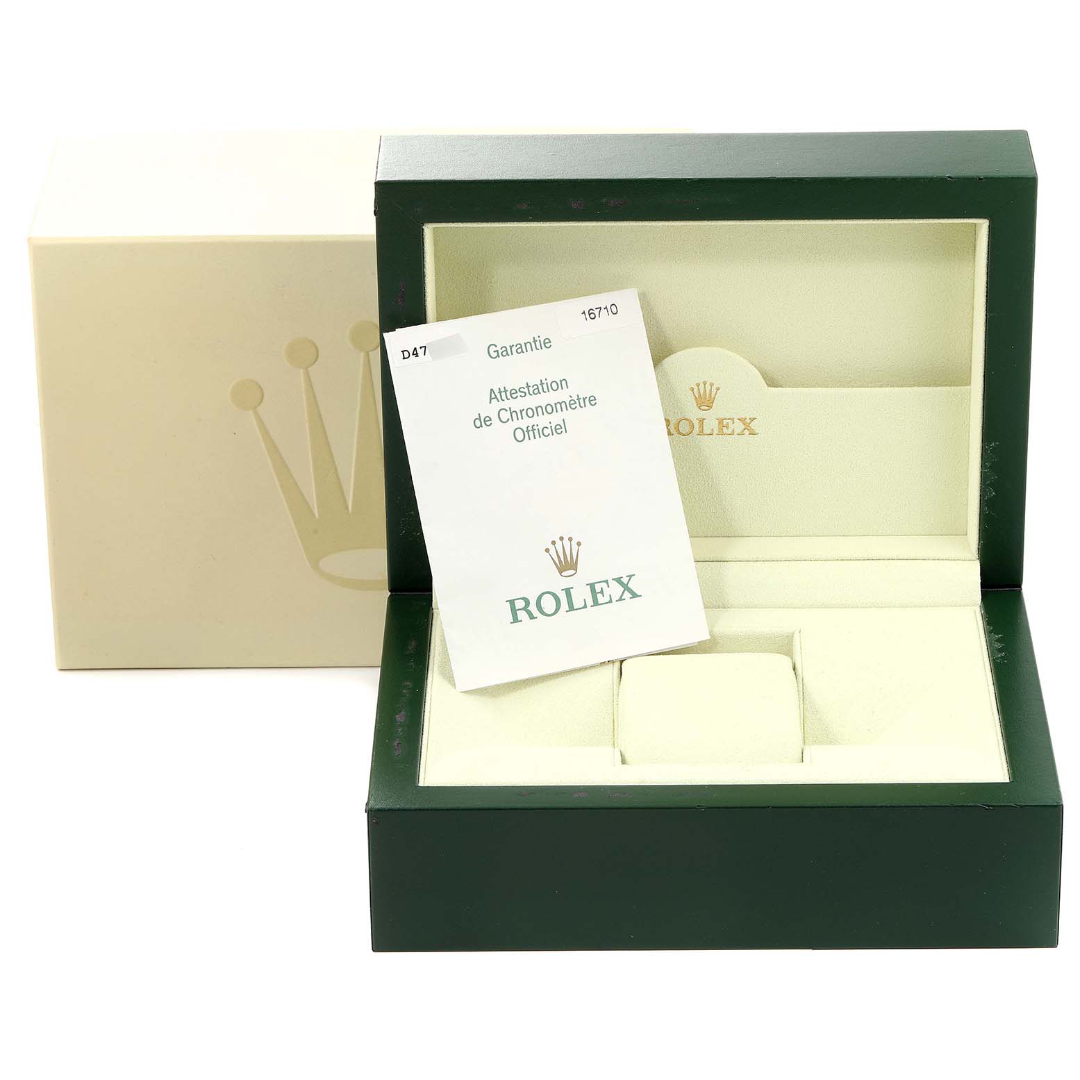 The image shows the packaging box, service booklet, and watch cushion of a Rolex GMT-Master 16710 Men's Stainless Steel Black Dial 16710 Men's Stainless Steel Black Dial.