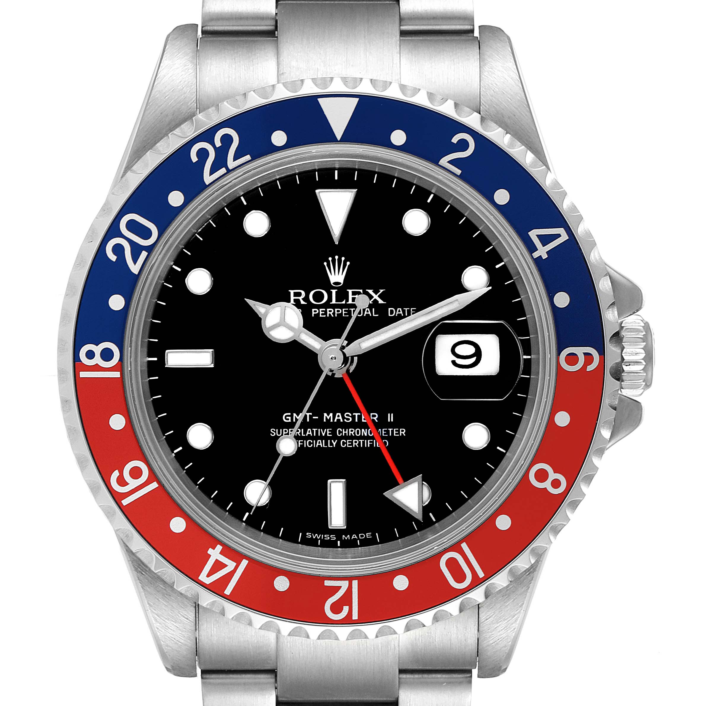 The image shows a frontal view of the Rolex GMT-Master 16710 Men's Stainless Steel Black Dial 16710 Men's Stainless Steel Black Dial II watch, highlighting the dial, bezel, hands, and the date window.