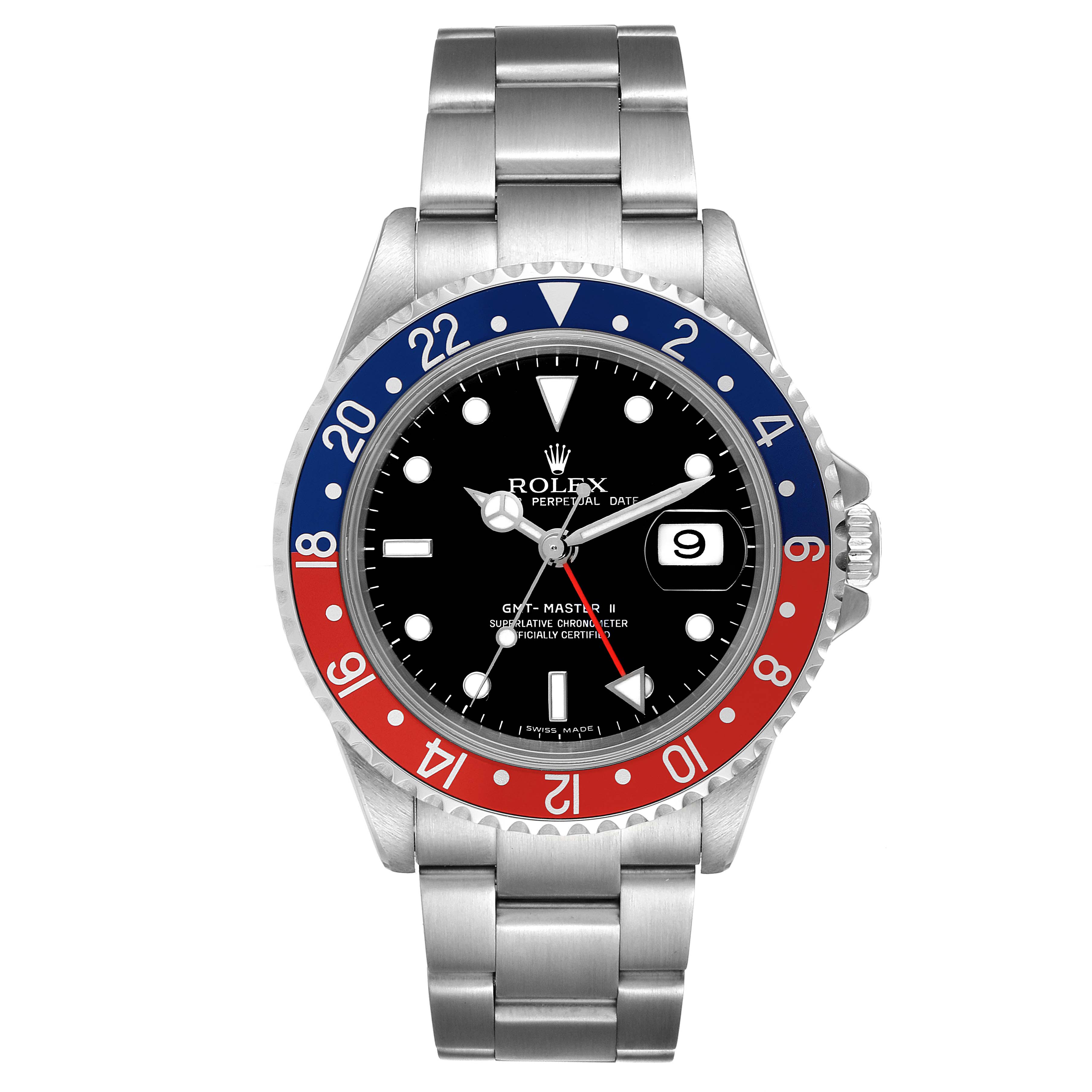 The Rolex GMT-Master 16710 Men's Stainless Steel Black Dial 16710 Men's Stainless Steel Black Dial watch is shown from a front angle, displaying the bezel, dial, hands, date window, and bracelet.