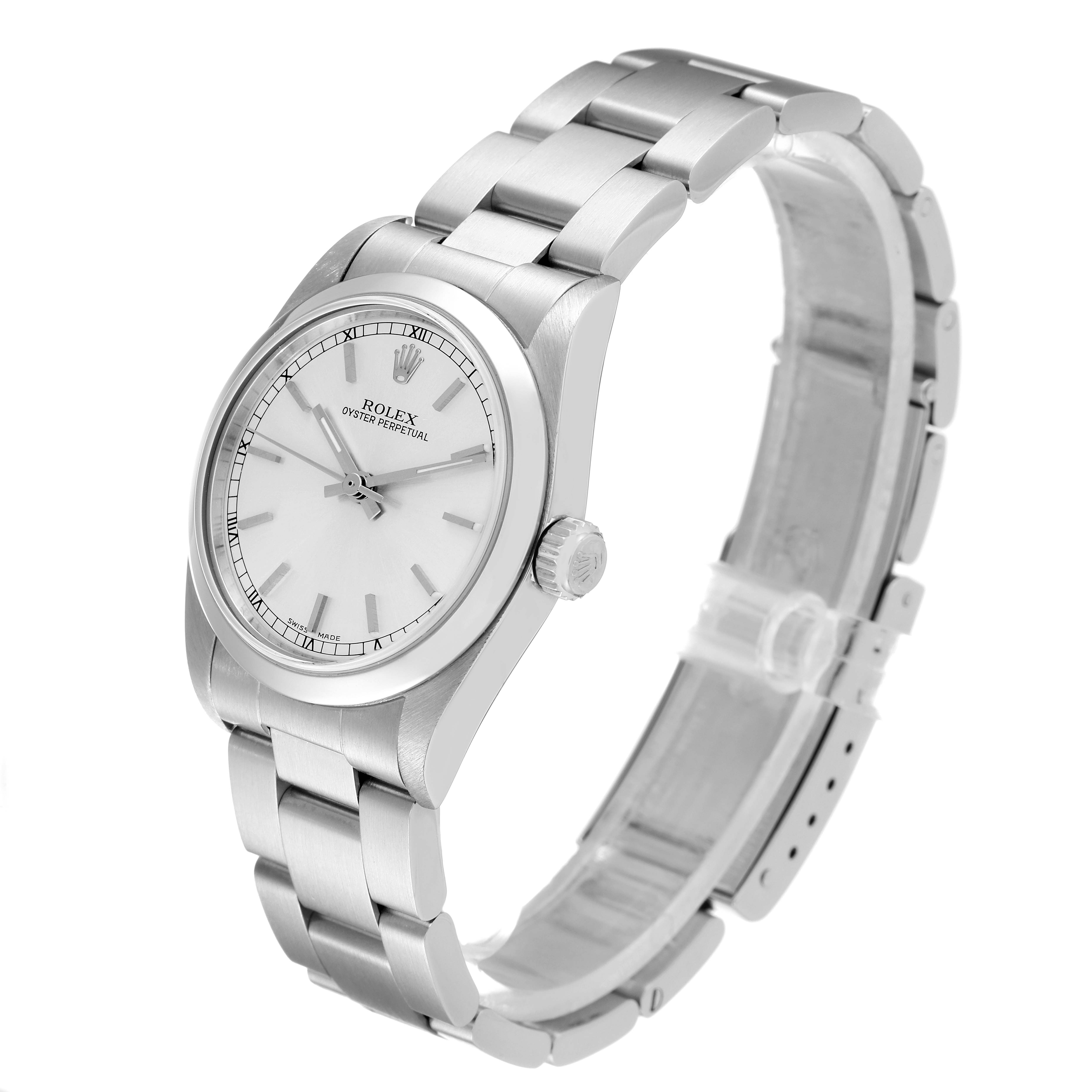 The Rolex Mid-Size 77080 Women
s Stainless Steel Silver Dial 77080 Women
s Stainless Steel Silver Dial watch is shown at a slight angle displaying the face, crown, bracelet, and clasp.