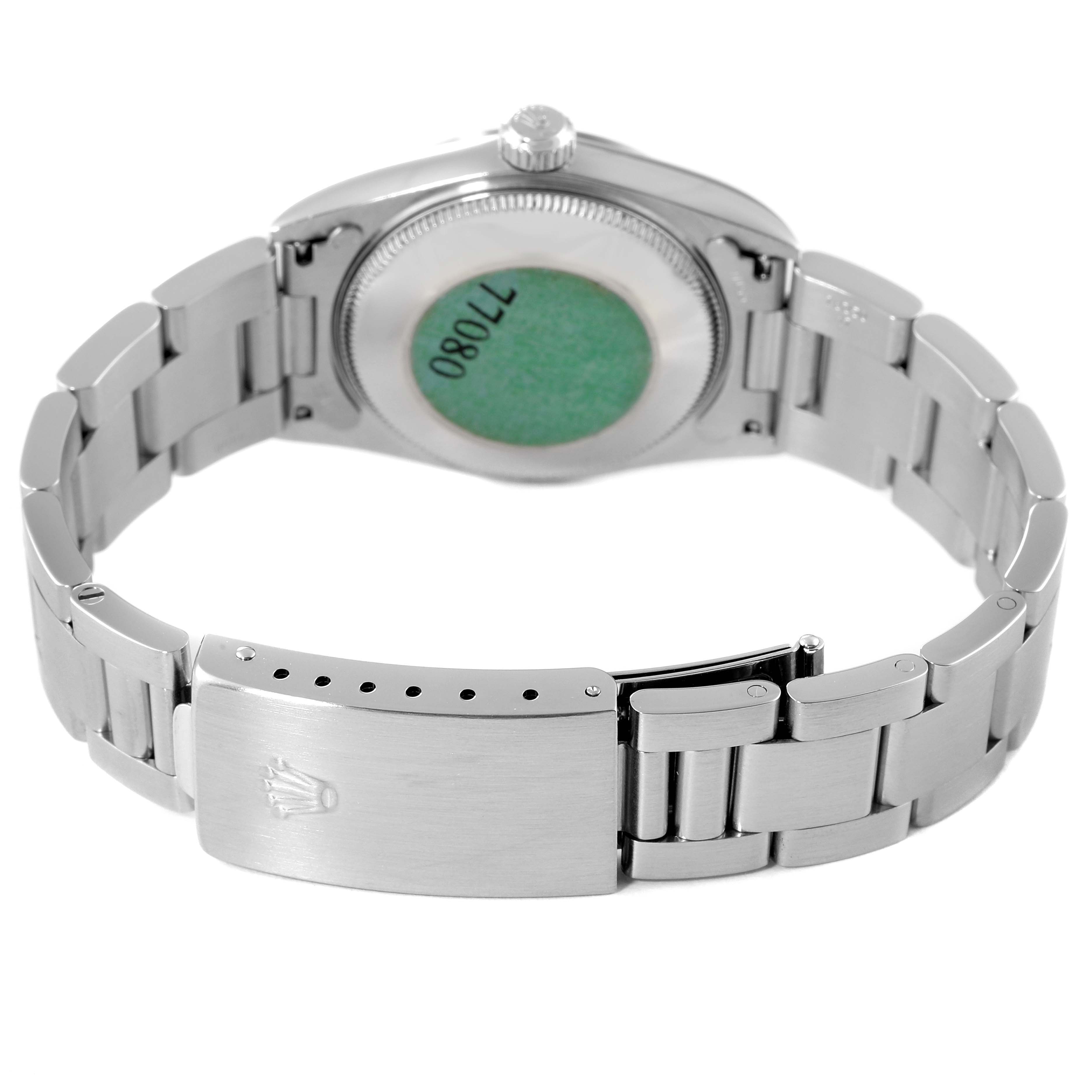 The image shows the back view of a Rolex Mid-Size 77080 Women
s Stainless Steel Silver Dial 77080 Women
s Stainless Steel Silver Dial watch, focusing on the bracelet and clasp.