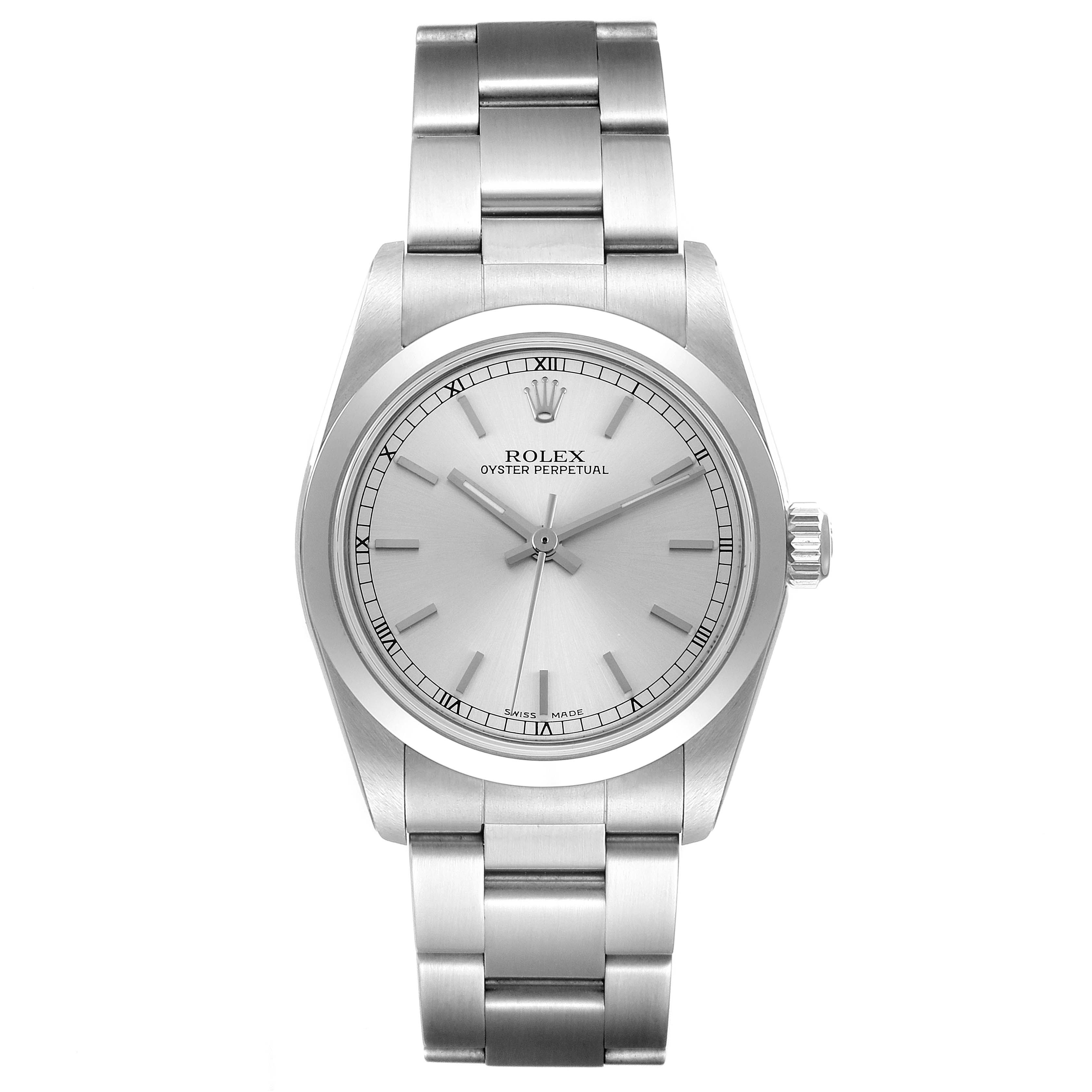 This is a front view of a Rolex Oyster Perpetual Mid-Size watch, showing its dial, bezel, and bracelet.