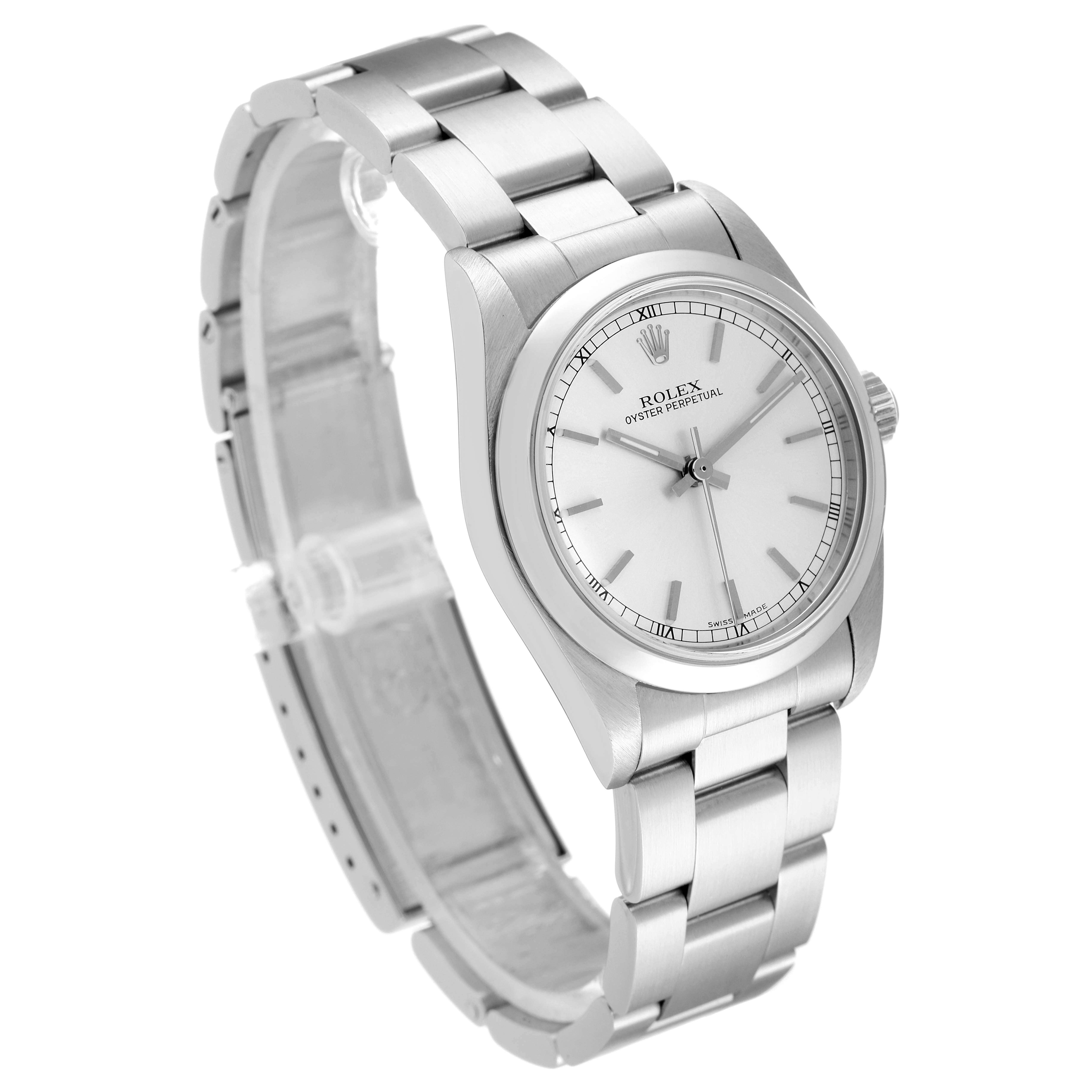 The image shows a side angle of the Rolex Mid-Size 77080 Women
s Stainless Steel Silver Dial 77080 Women
s Stainless Steel Silver Dial Oyster Perpetual watch, highlighting the face and bracelet.