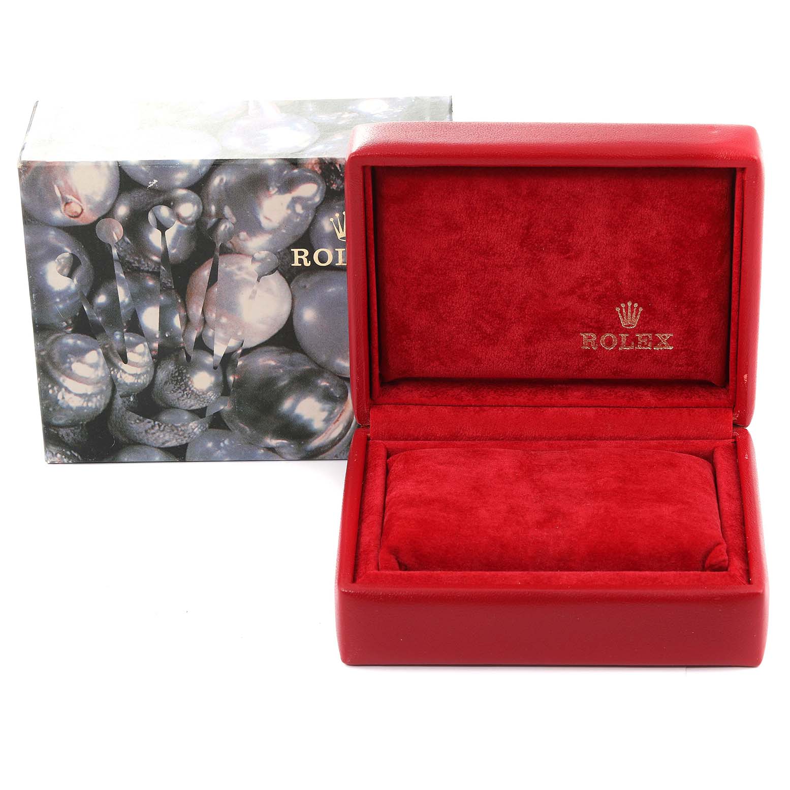 The image shows a red, velvet-lined Rolex watch box for a Mid-Size model, with the outer Rolex box in the background.