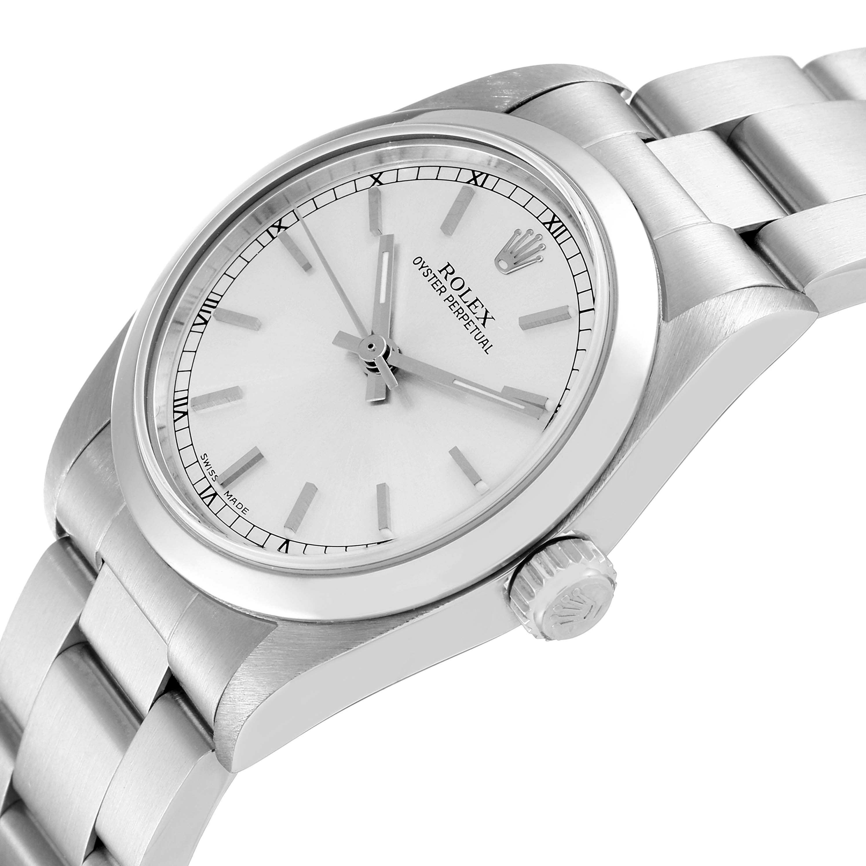 The image shows a side angle of a Rolex Mid-Size 77080 Women
s Stainless Steel Silver Dial 77080 Women
s Stainless Steel Silver Dial Oyster Perpetual watch, highlighting the dial, case, crown, and bracelet.