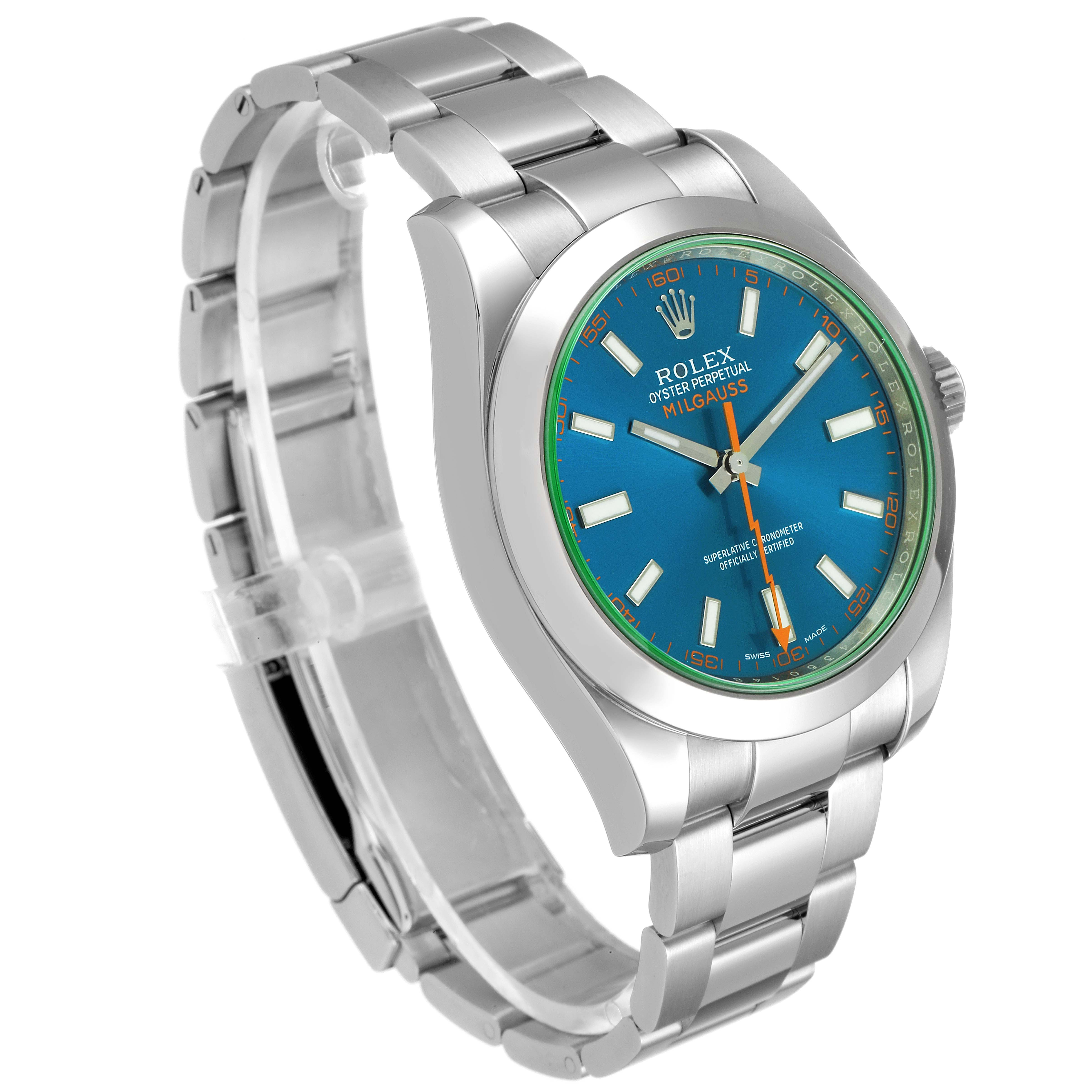 The Rolex Milgauss 116400GV Men's Stainless Steel Blue Dial 116400GV Men's Stainless Steel Blue Dial watch is shown angled from the top right, featuring its blue dial and stainless steel bracelet.