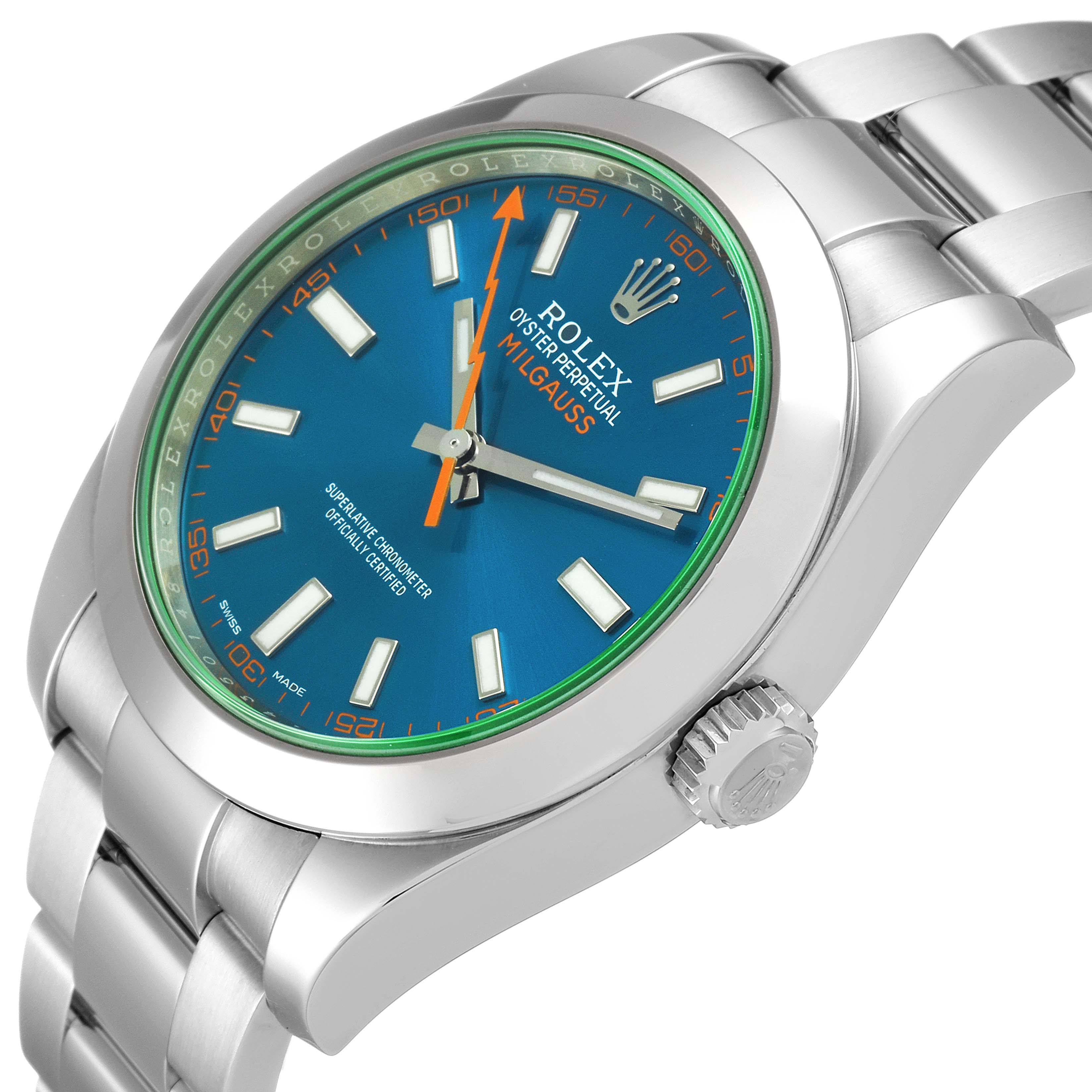 The image shows a Rolex Milgauss 116400GV Men's Stainless Steel Blue Dial 116400GV Men's Stainless Steel Blue Dial watch at a 30-degree angle, highlighting the blue dial, orange lightning bolt second hand, and stainless steel bracelet.