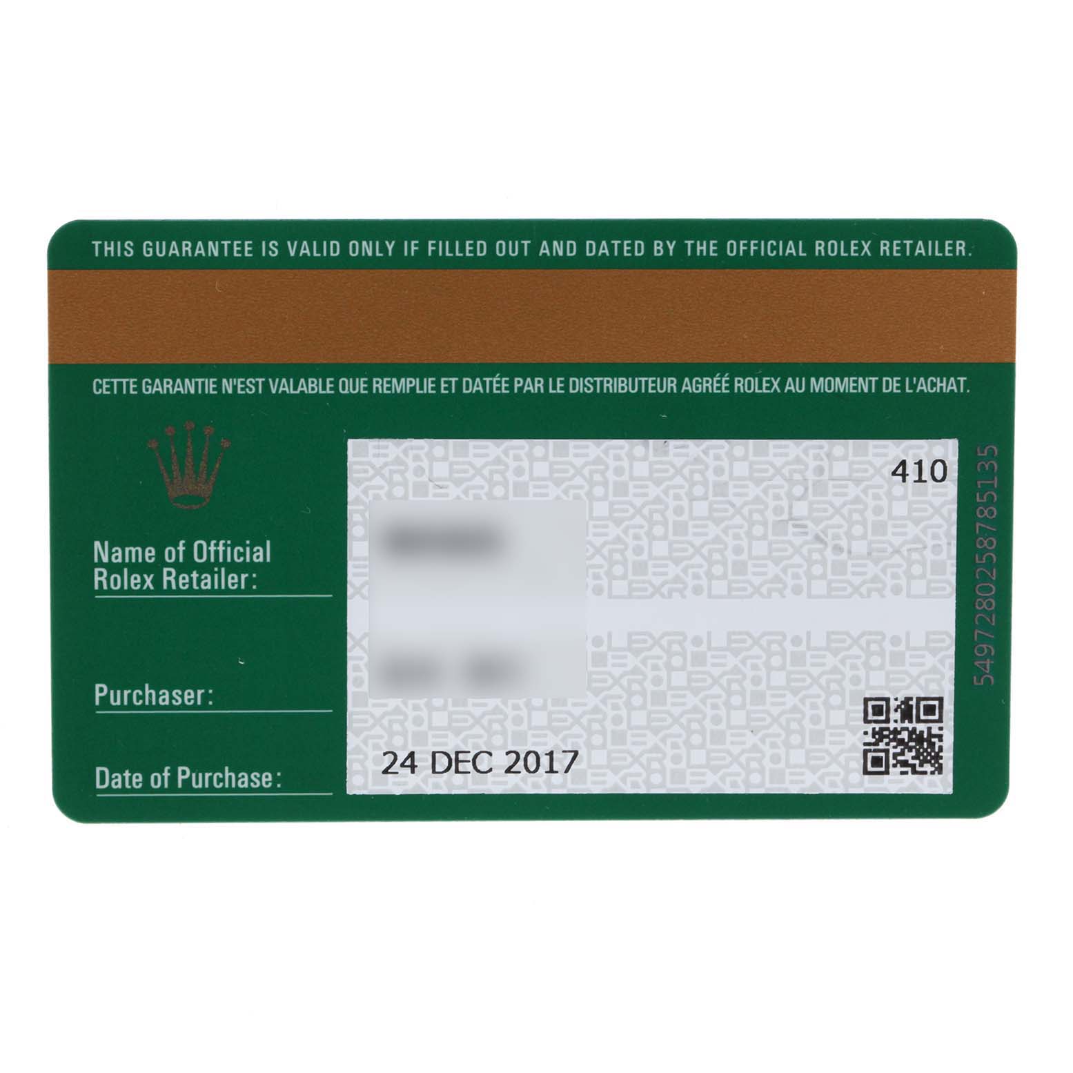 This image shows the warranty card for a Rolex Milgauss 116400GV Men's Stainless Steel Blue Dial 116400GV Men's Stainless Steel Blue Dial watch, filled out and dated.