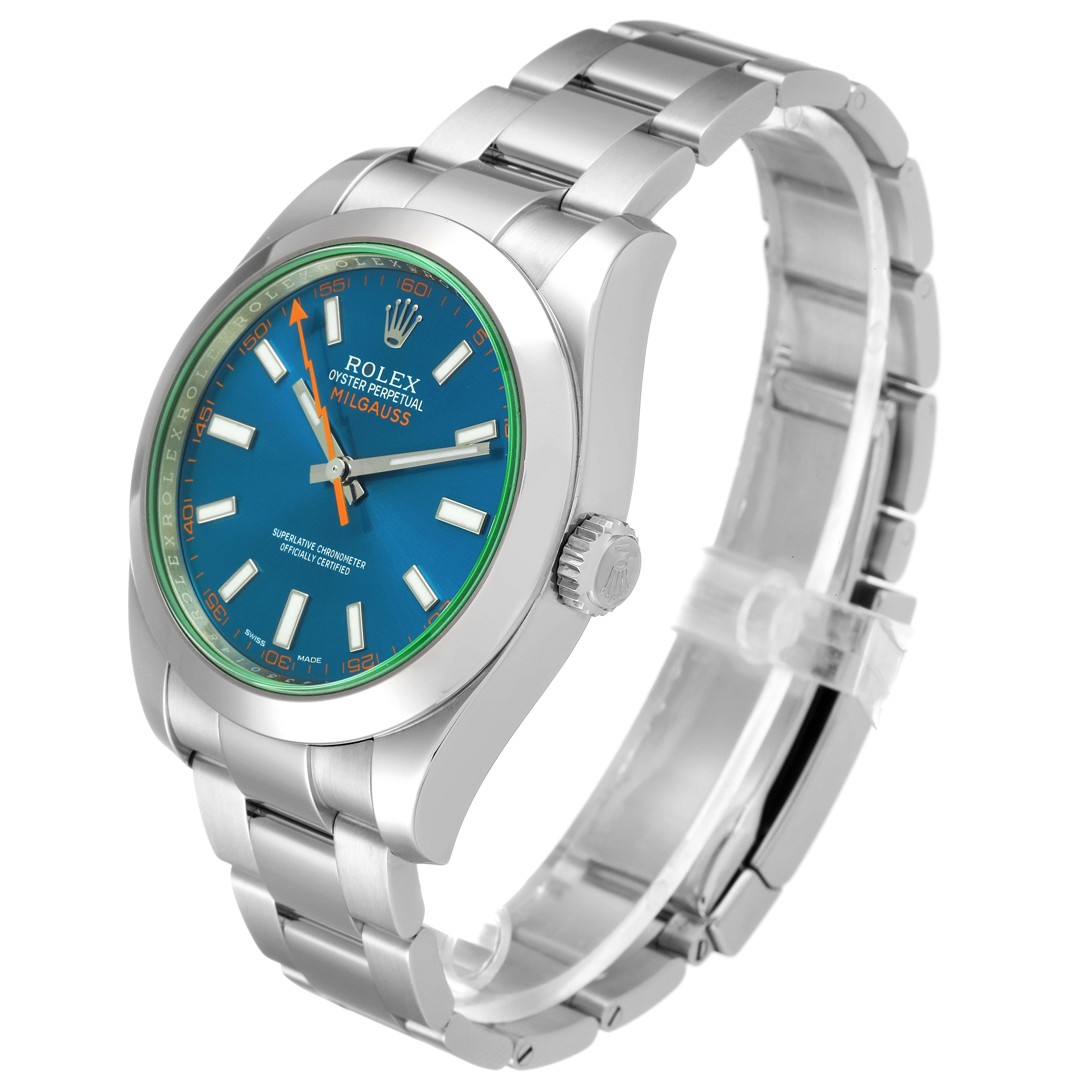 The image shows a Rolex Milgauss 116400GV Men's Stainless Steel Blue Dial 116400GV Men's Stainless Steel Blue Dial watch at a slight angle, highlighting the face, bracelet, and crown.