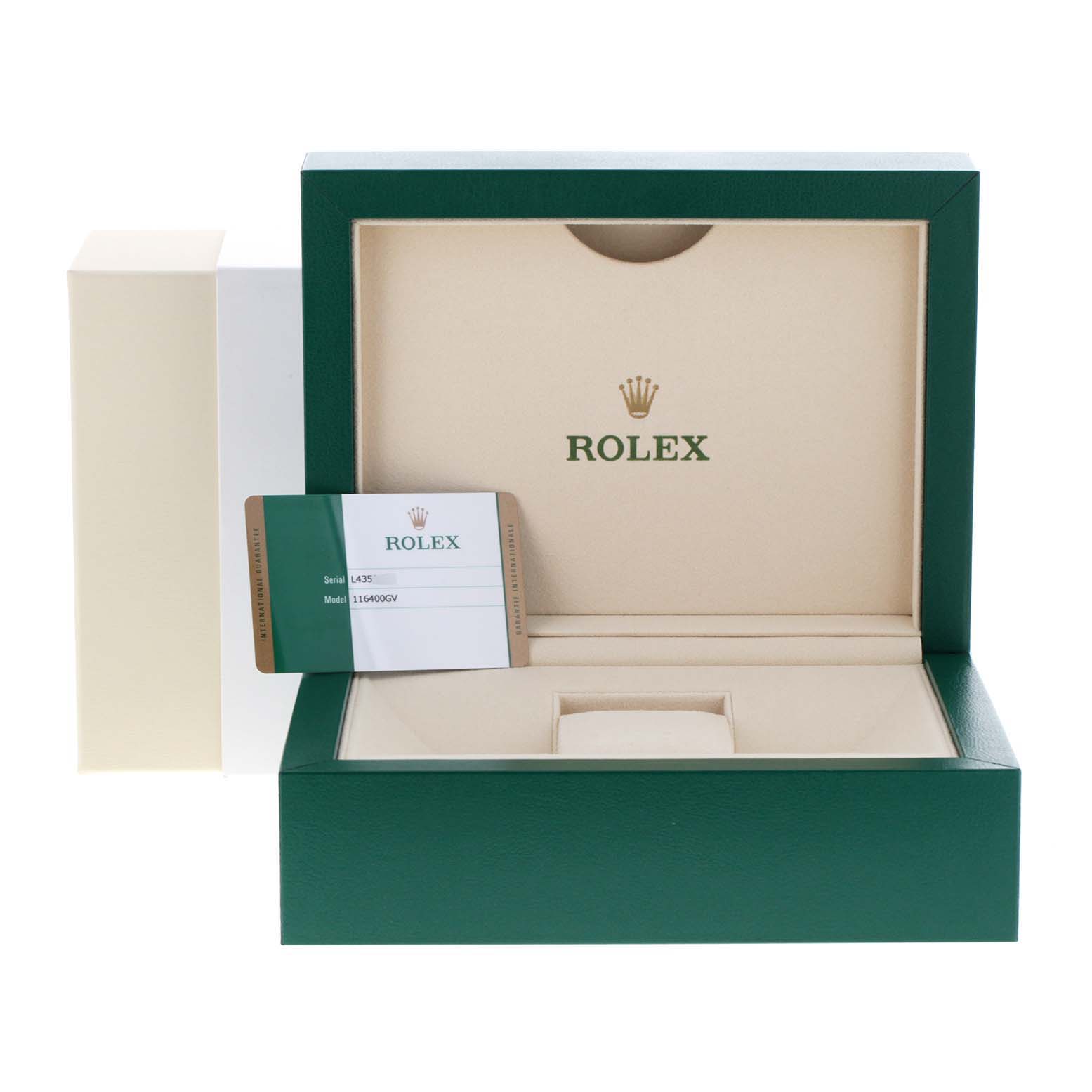 The image shows an open green and beige Rolex Milgauss 116400GV Men's Stainless Steel Blue Dial 116400GV Men's Stainless Steel Blue Dial watch box with an authenticity card.