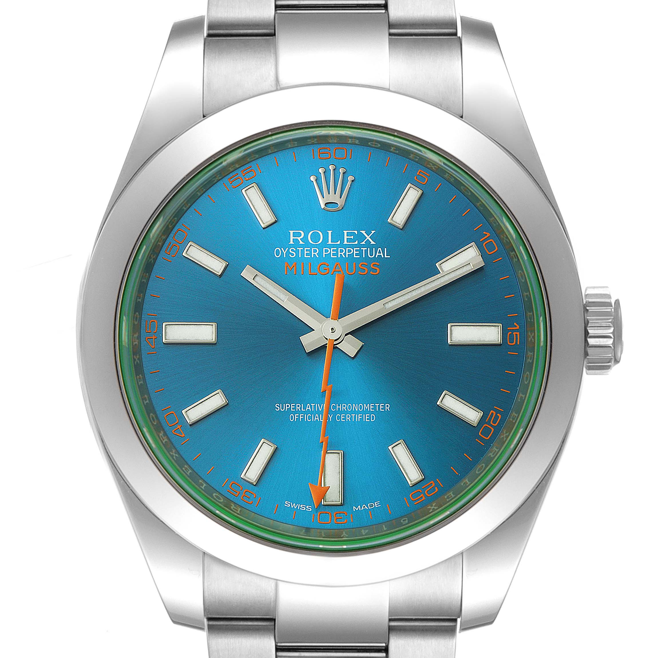 The image shows a front view of a Rolex Milgauss 116400GV Men's Stainless Steel Blue Dial 116400GV Men's Stainless Steel Blue Dial watch, displaying its face, bezel, and part of the bracelet.