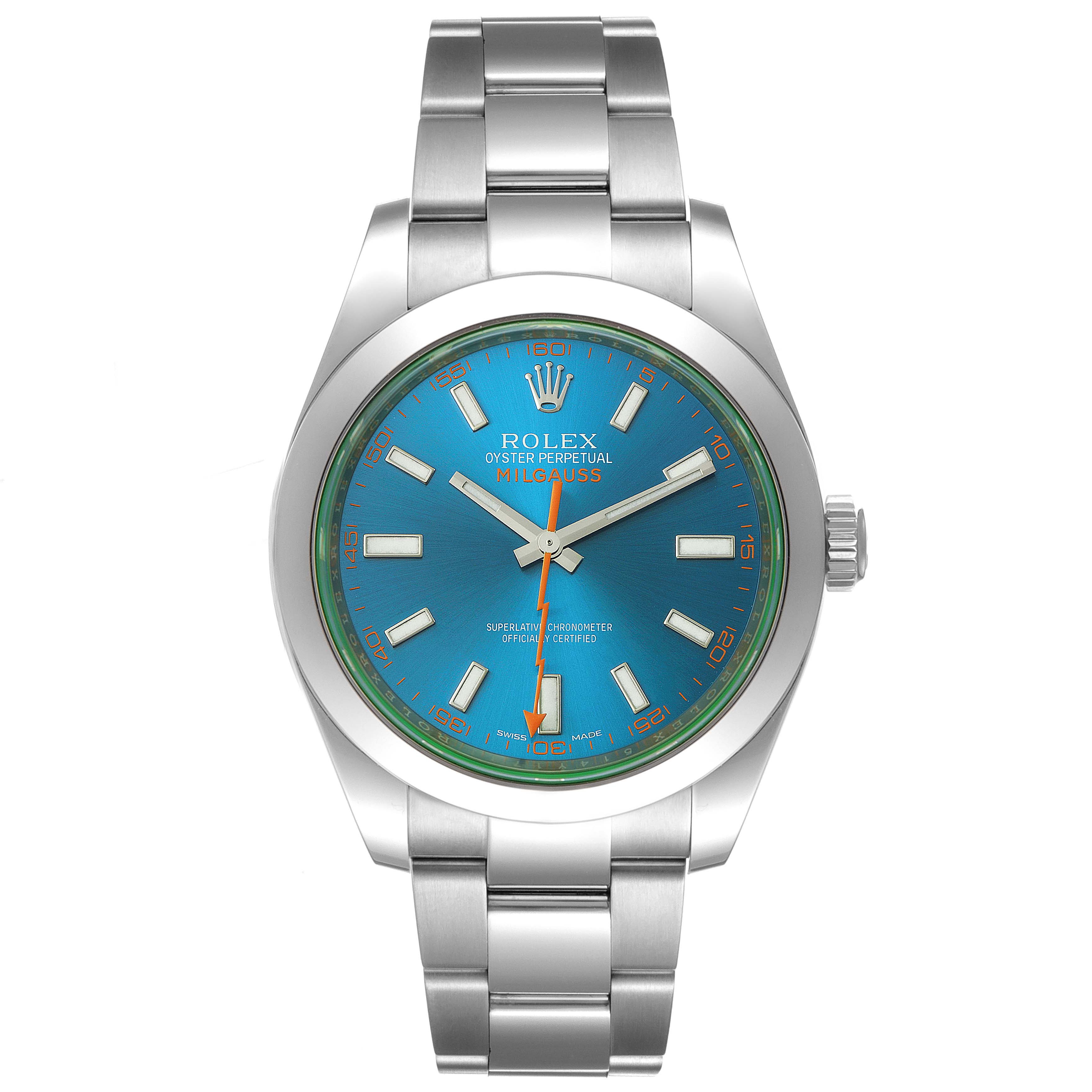 This image shows a front view of a Rolex Milgauss 116400GV Men's Stainless Steel Blue Dial 116400GV Men's Stainless Steel Blue Dial watch, featuring its blue dial, orange lightning-bolt second hand, and stainless steel bracelet.