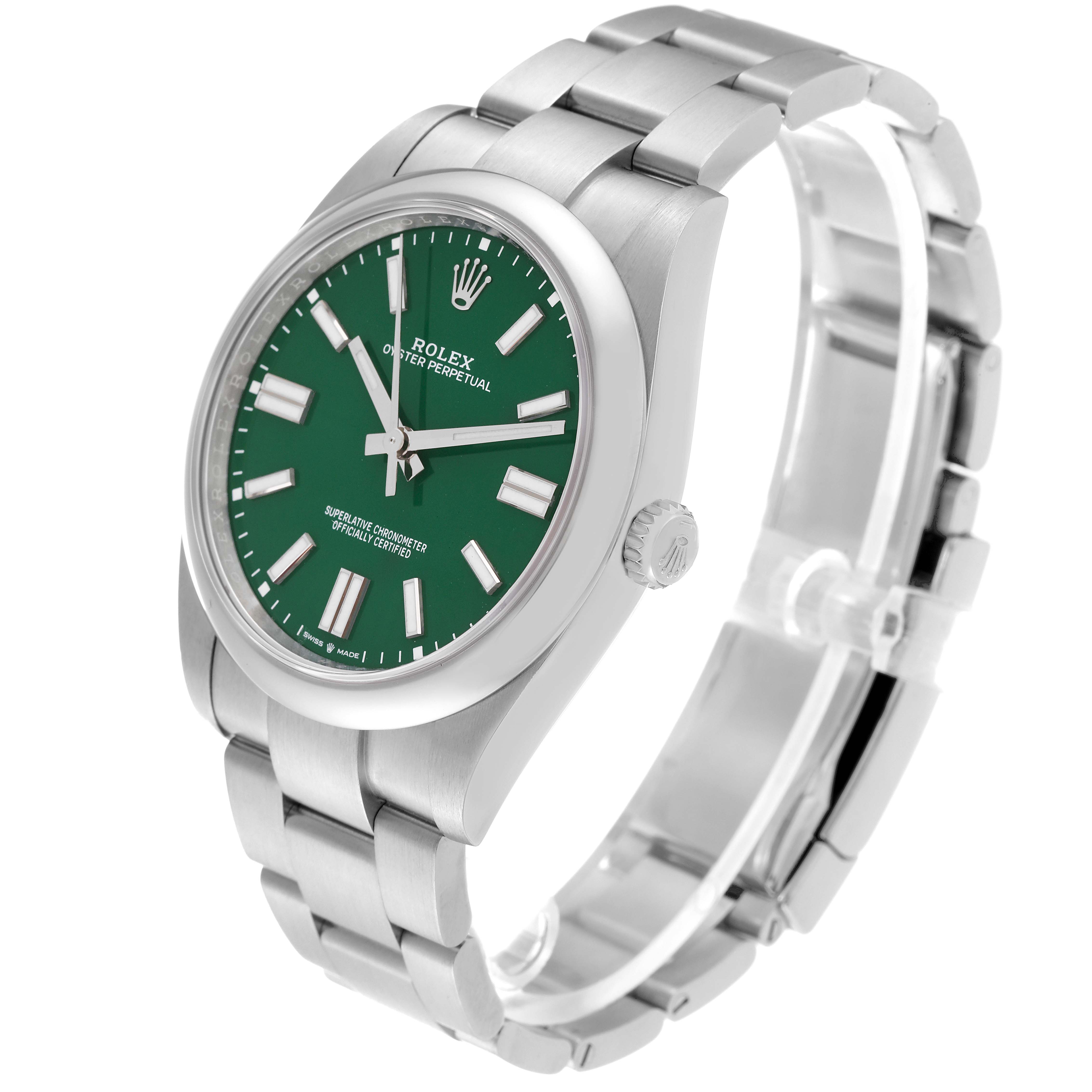 This image shows a Rolex Oyster Perpetual 124300 Men's Stainless Steel Green Dial 124300 Men's Stainless Steel Green Dial watch at a 3/4 angle, displaying the green dial, stainless steel case, and bracelet.