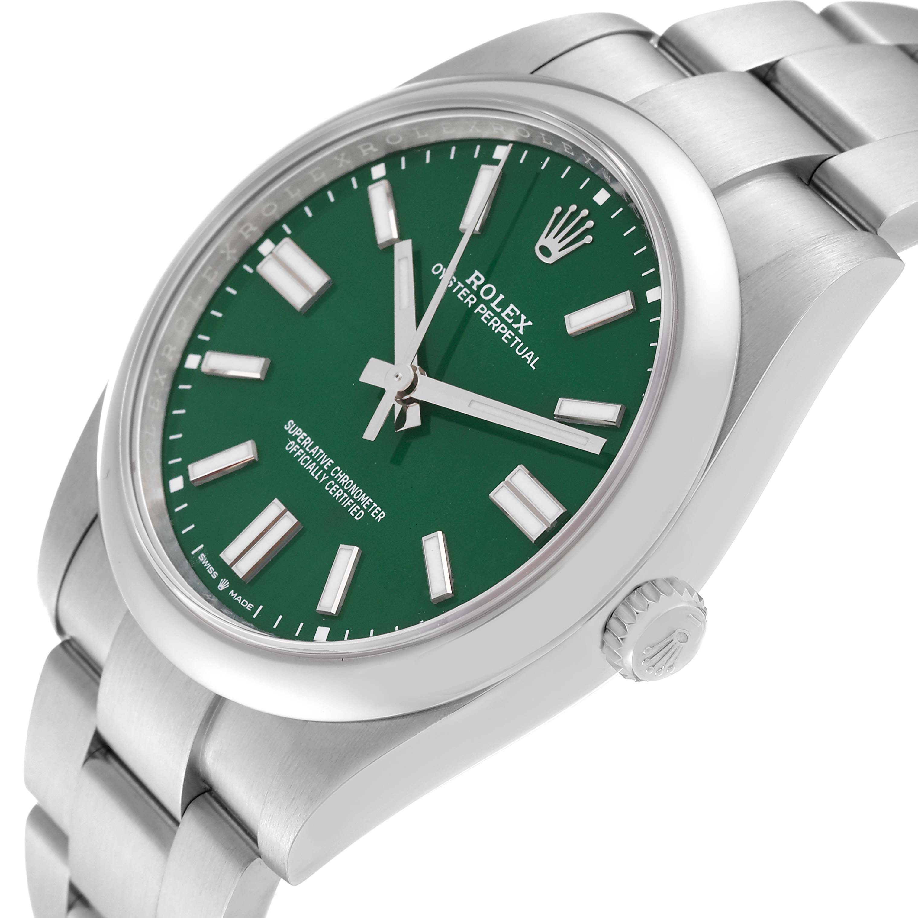 This image shows a side angle of the Rolex Oyster Perpetual 124300 Men's Stainless Steel Green Dial 124300 Men's Stainless Steel Green Dial watch, highlighting the green dial, crown, and part of the bracelet.