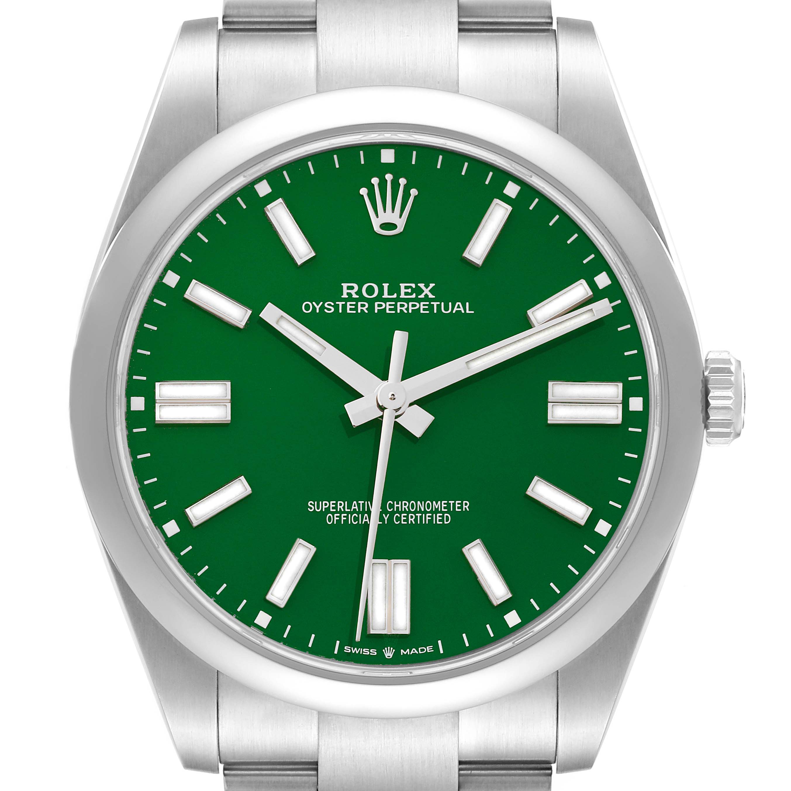 The image shows a front view of the face and part of the bracelet of a Rolex Oyster Perpetual 124300 Men's Stainless Steel Green Dial 124300 Men's Stainless Steel Green Dial watch.