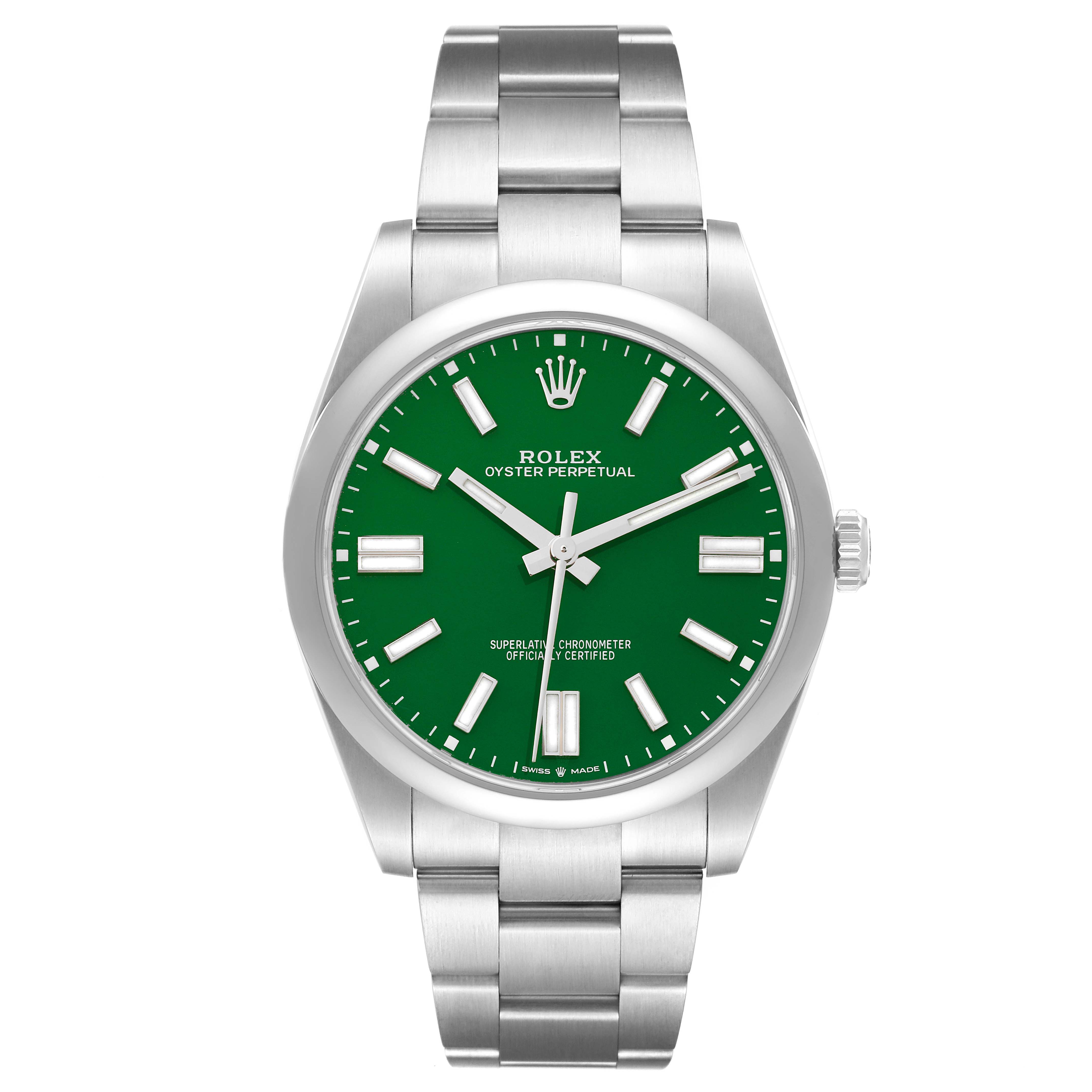 This image shows a front view of the Rolex Oyster Perpetual 124300 Men's Stainless Steel Green Dial 124300 Men's Stainless Steel Green Dial watch, highlighting the green dial, silver hour markers, and metal bracelet.