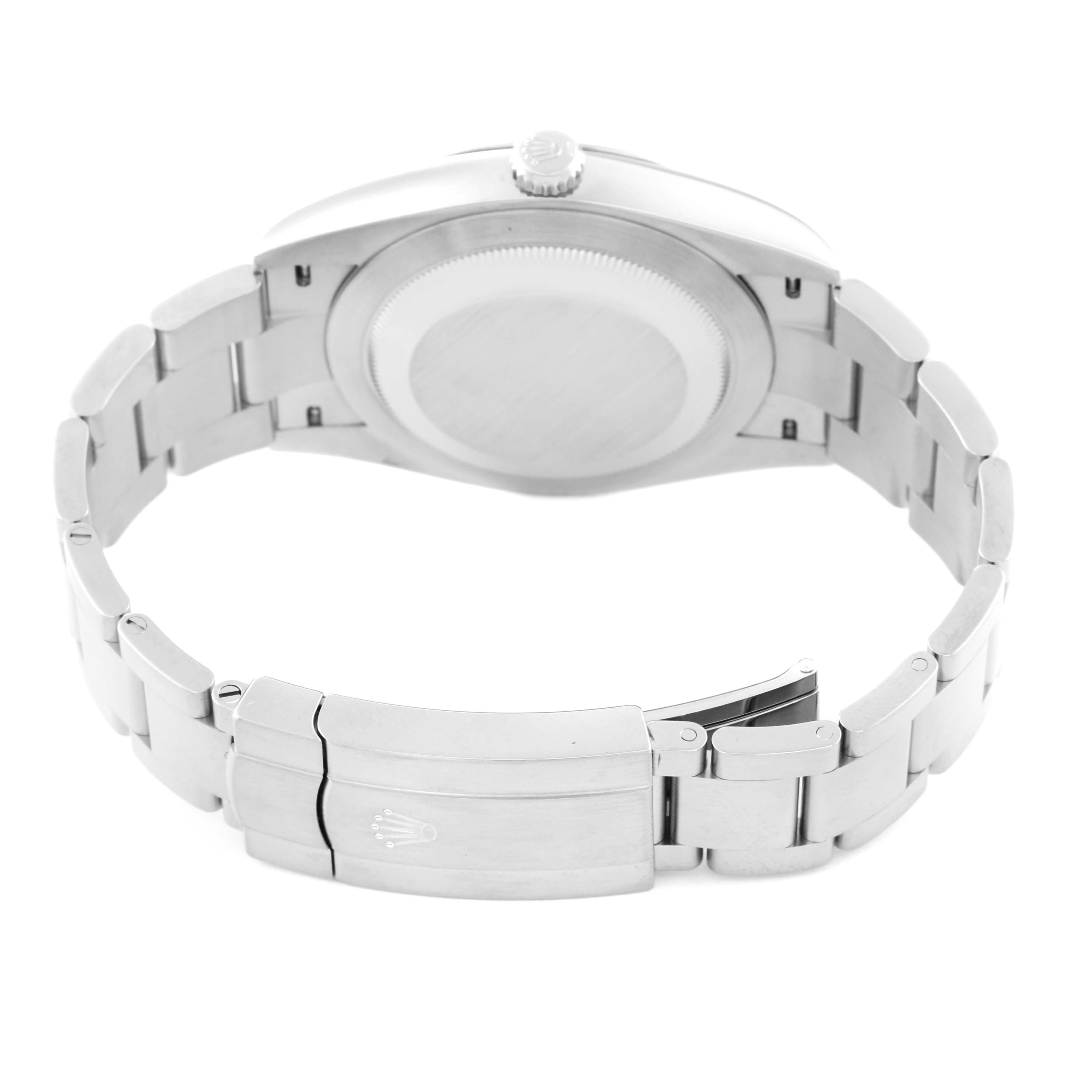 This image shows the back side of the case and the clasp of the Rolex Oyster Perpetual 124300 Men's Stainless Steel Green Dial 124300 Men's Stainless Steel Green Dial watch.