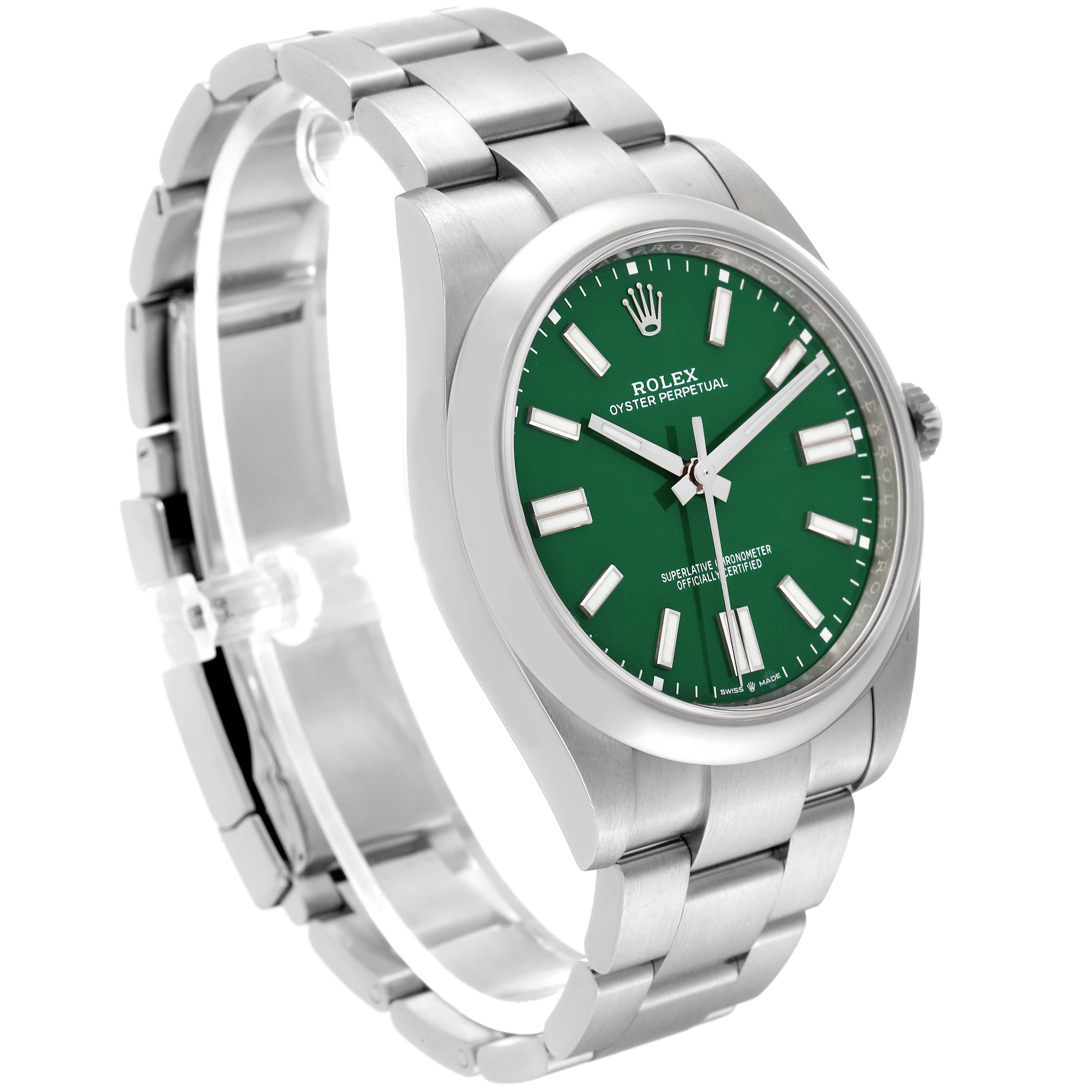 The Rolex Oyster Perpetual 124300 Men's Stainless Steel Green Dial 124300 Men's Stainless Steel Green Dial watch is shown from a front-side angle, highlighting its green dial and stainless steel bracelet.
