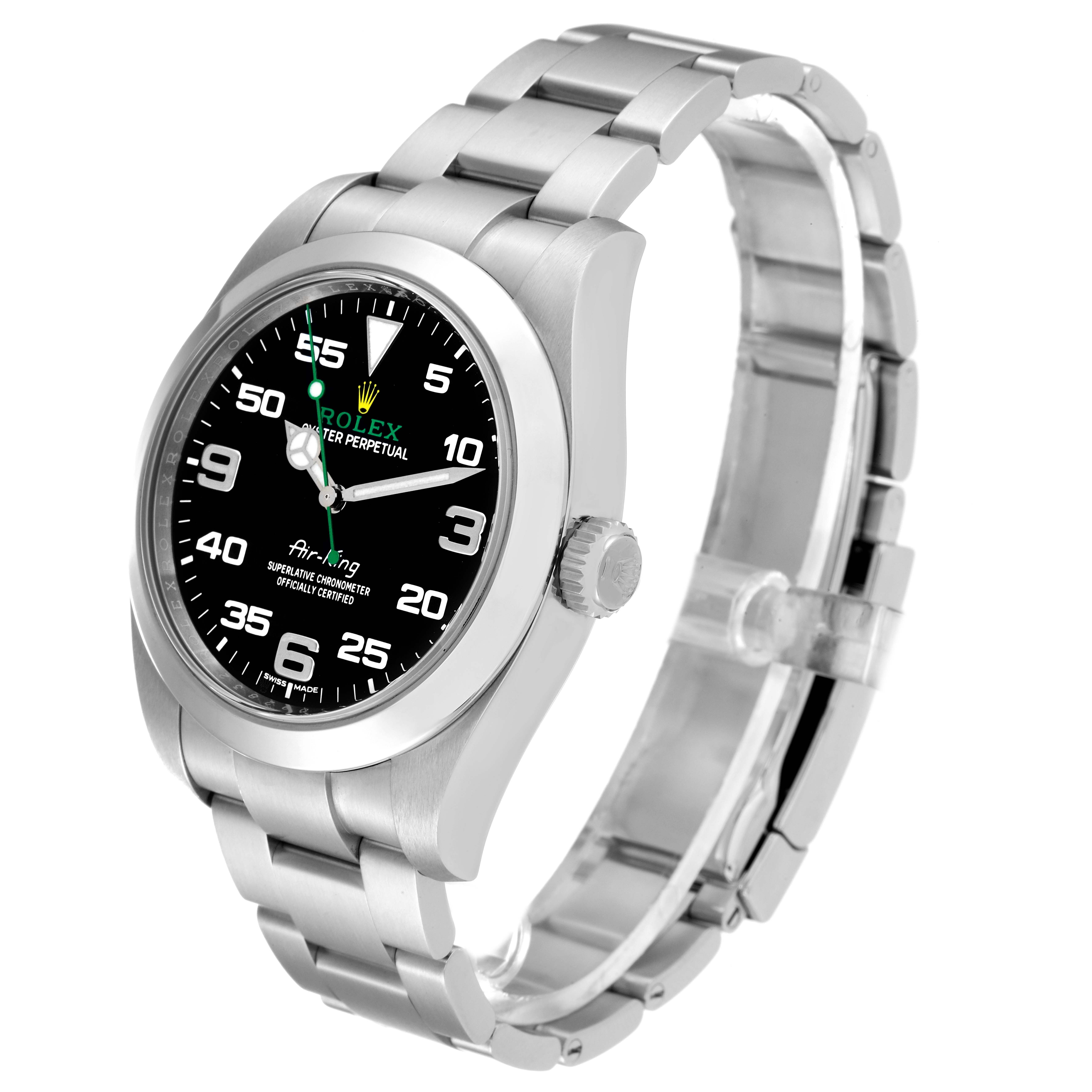 The image shows a Rolex Air-King 116900 Men's Stainless Steel Black Dial 116900 Men's Stainless Steel Black Dial watch at a three-quarter angle, displaying the dial, crown, and bracelet.