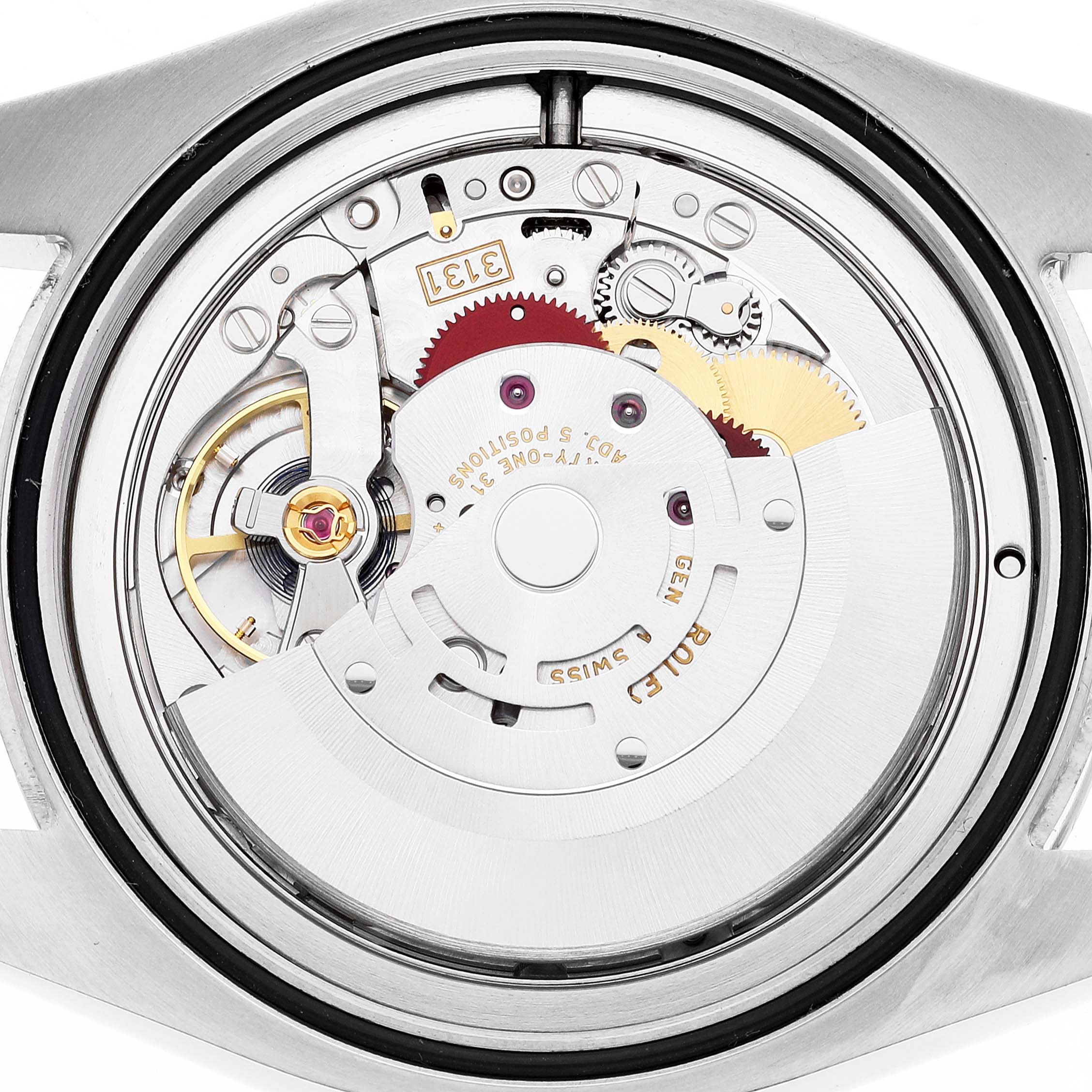 This is a close-up view of the movement mechanism inside a Rolex Air-King 116900 Men's Stainless Steel Black Dial 116900 Men's Stainless Steel Black Dial watch.