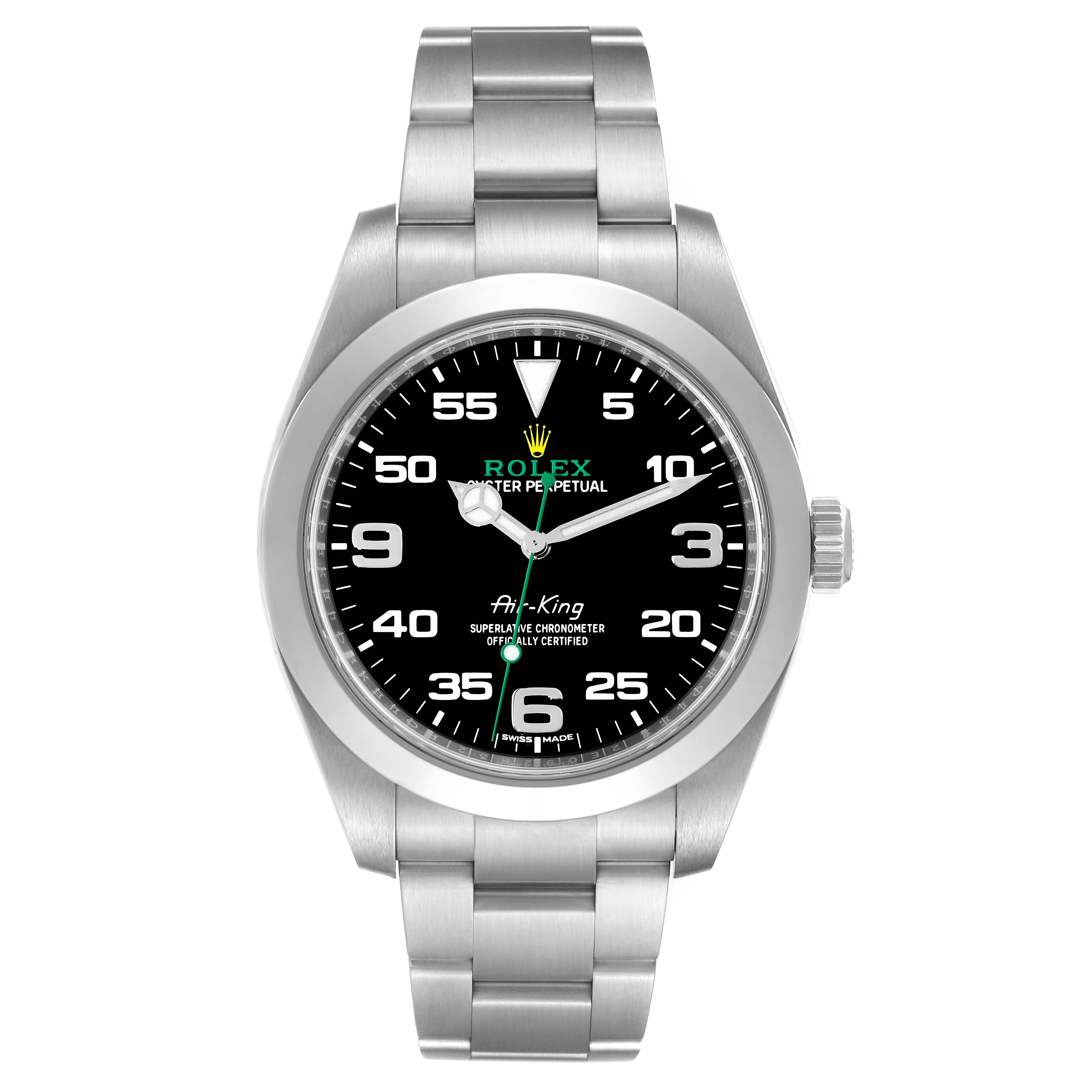 The Rolex Air-King 116900 Men's Stainless Steel Black Dial 116900 Men's Stainless Steel Black Dial watch is shown from a front angle, displaying the black dial, silver case, and metal bracelet.