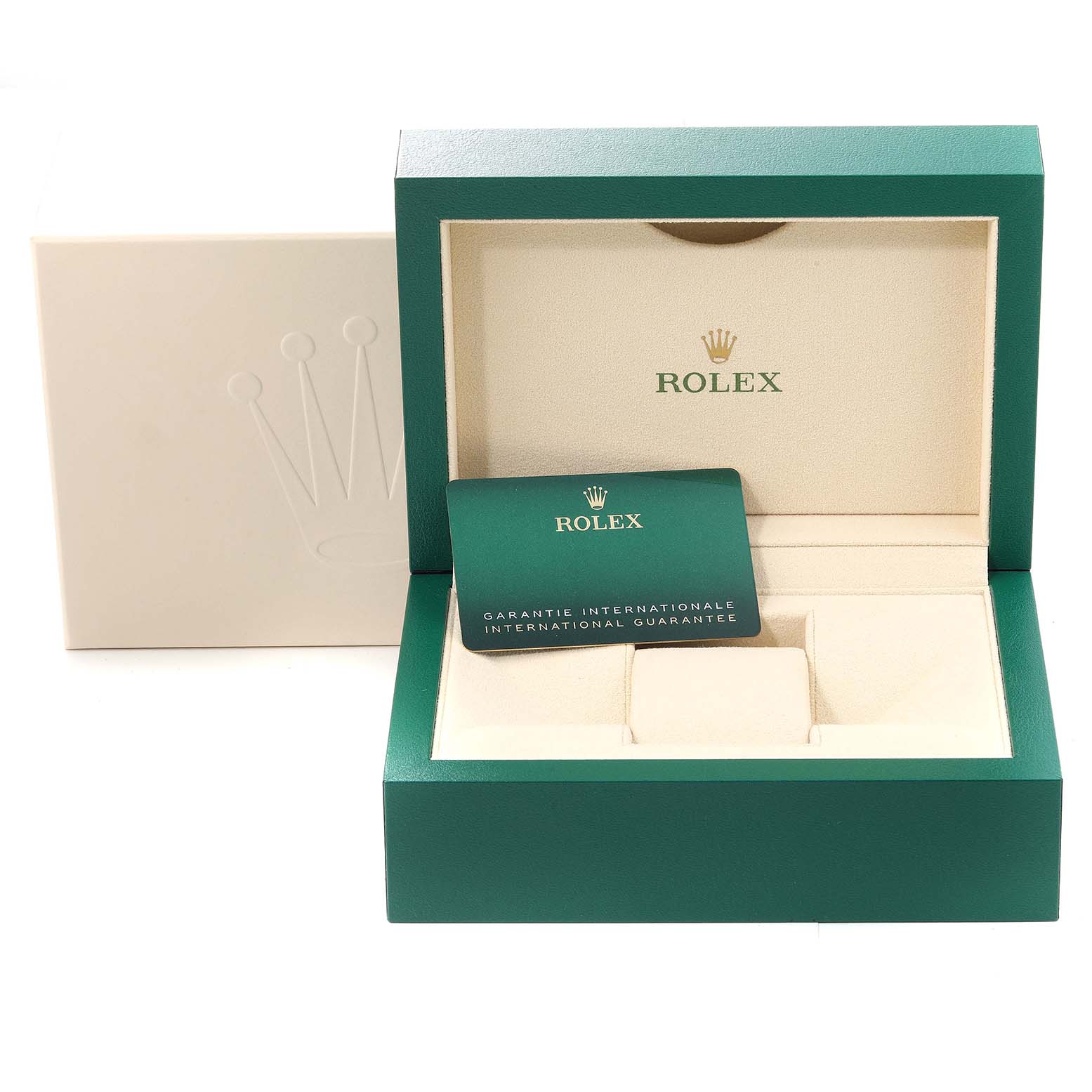 The image shows an open Rolex Air-King 116900 Men's Stainless Steel Black Dial 116900 Men's Stainless Steel Black Dial watch box with a warranty card inside.