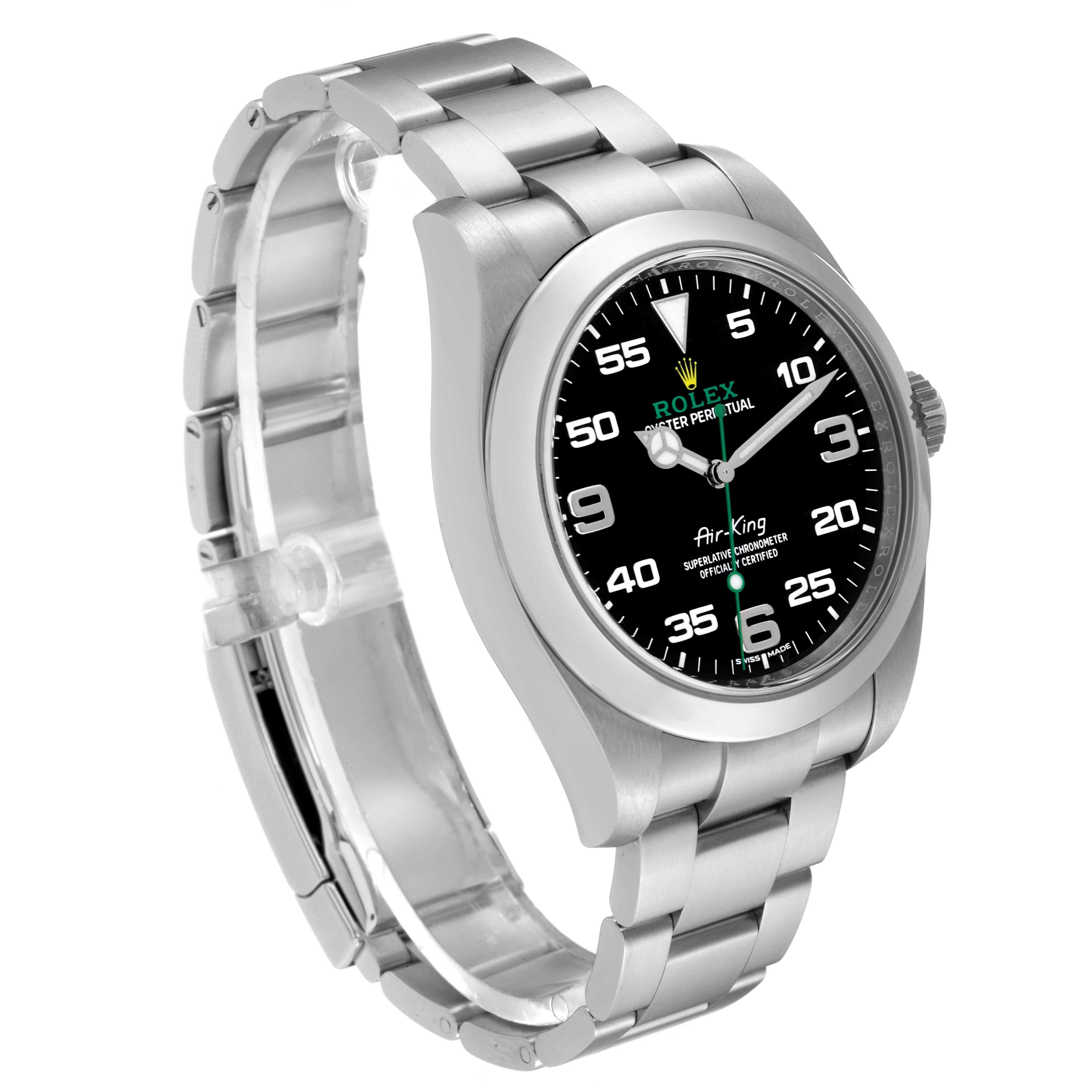 The Rolex Air-King 116900 Men's Stainless Steel Black Dial 116900 Men's Stainless Steel Black Dial watch is shown from an angled front view, displaying the dial, bezel, and bracelet.