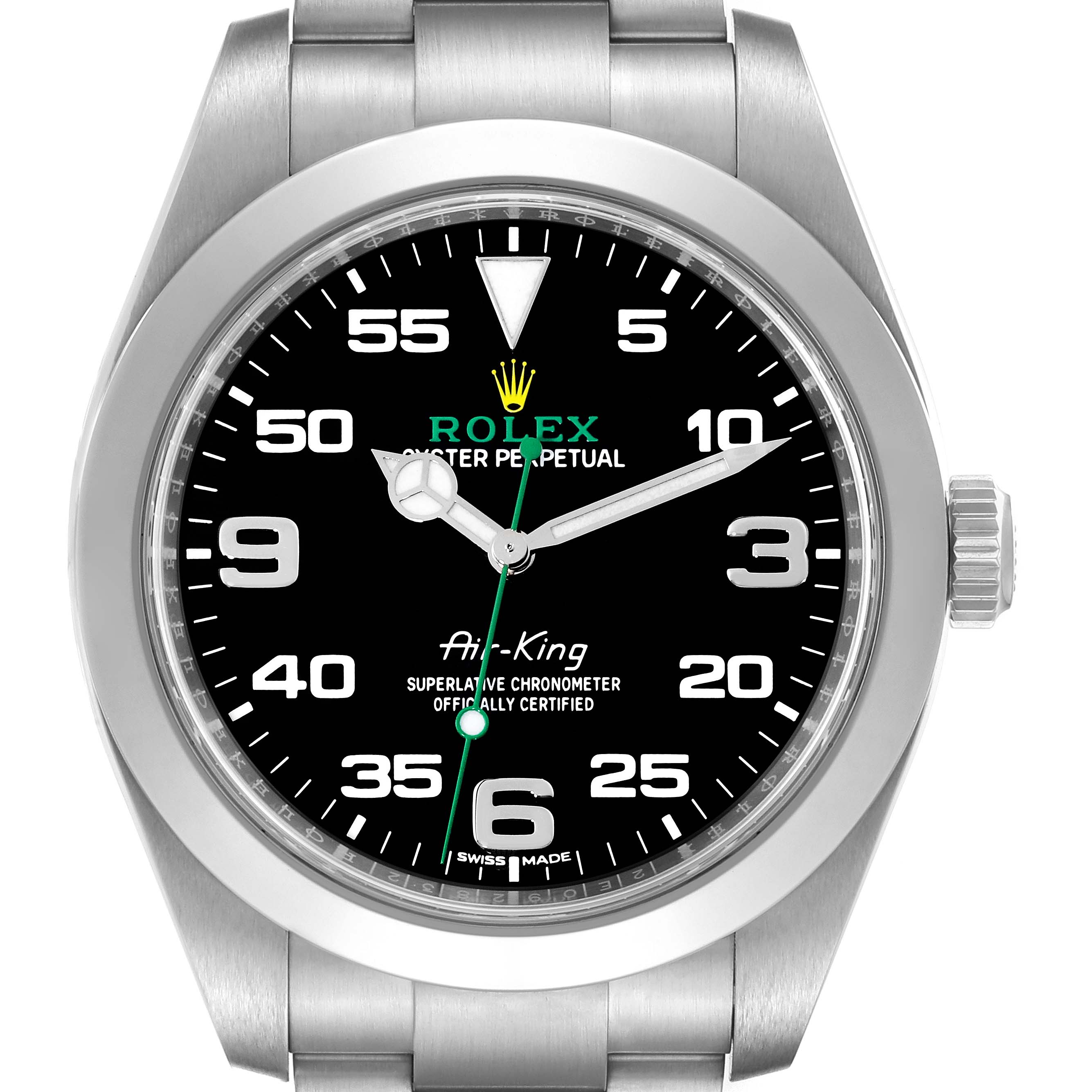The image shows a front view of the Rolex Air-King 116900 Men's Stainless Steel Black Dial 116900 Men's Stainless Steel Black Dial watch, highlighting its black dial, numeral markers, and stainless steel casing and bracelet.