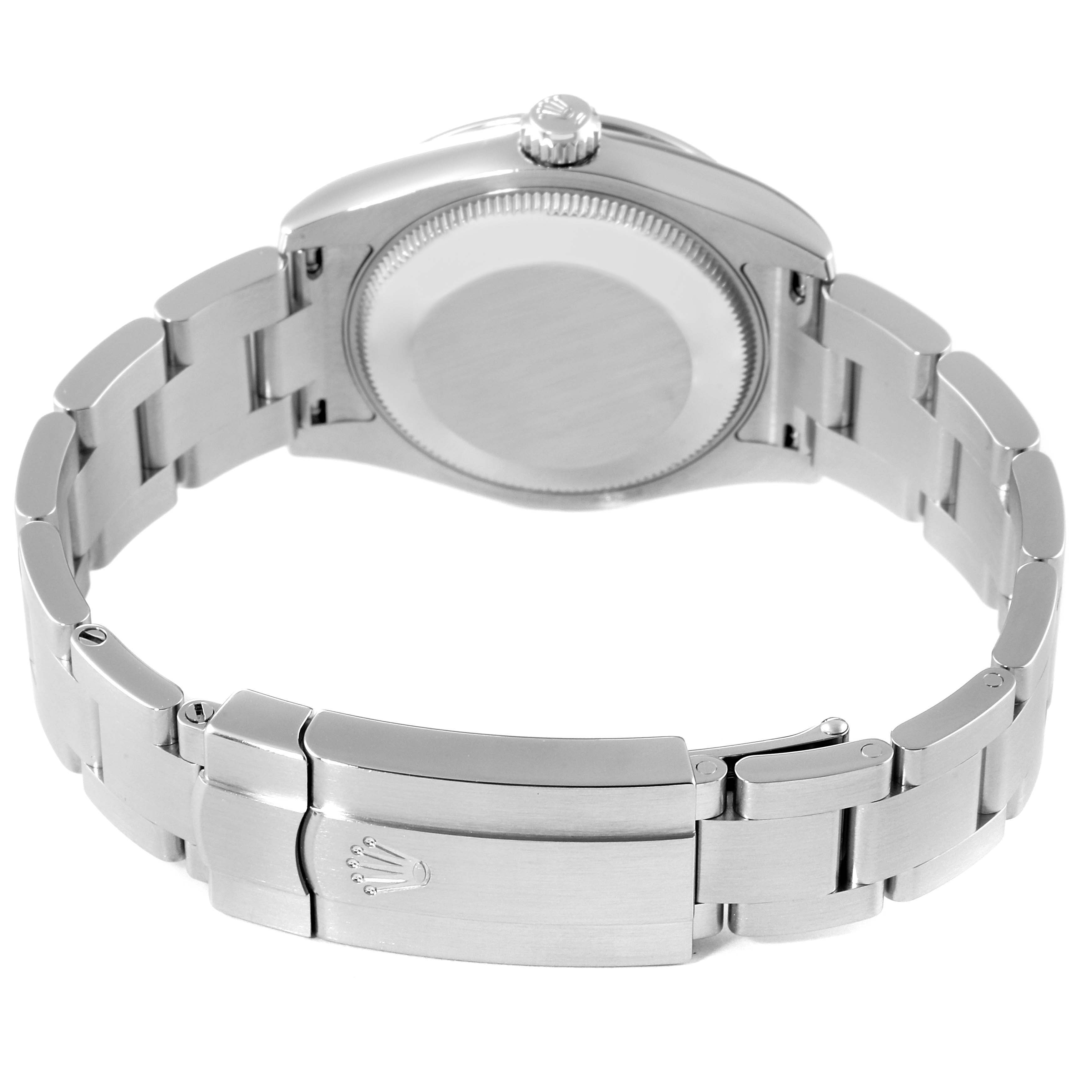 The image shows the back case and bracelet of a Rolex Mid-Size 177200 Women
s Stainless Steel Blue Dial 177200 Women
s Stainless Steel Blue Dial watch, viewed from an angle highlighting the clasp and crown.