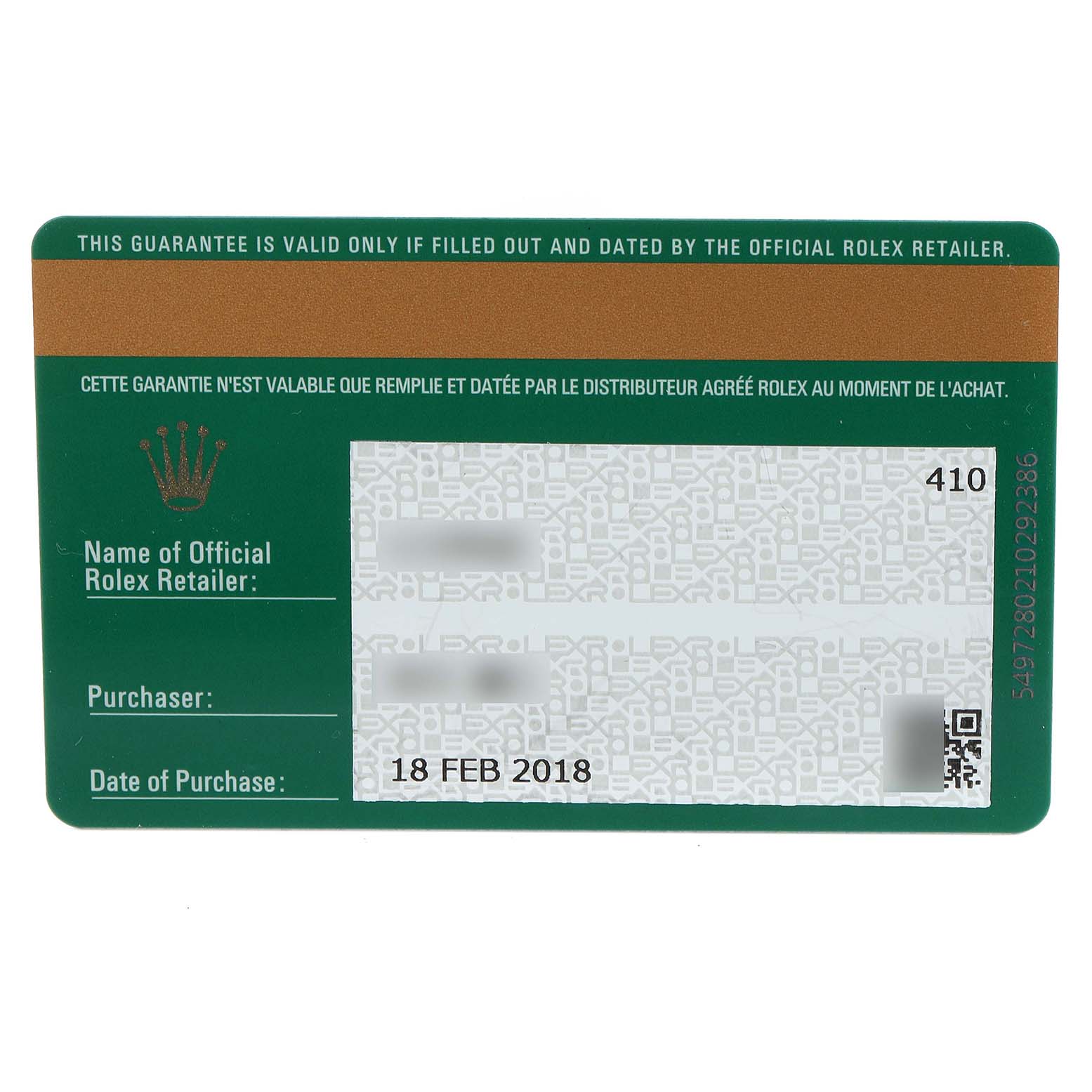 The image shows a green Rolex guarantee card for a Mid-Size model, displaying information like retailer name, purchaser, and date of purchase.