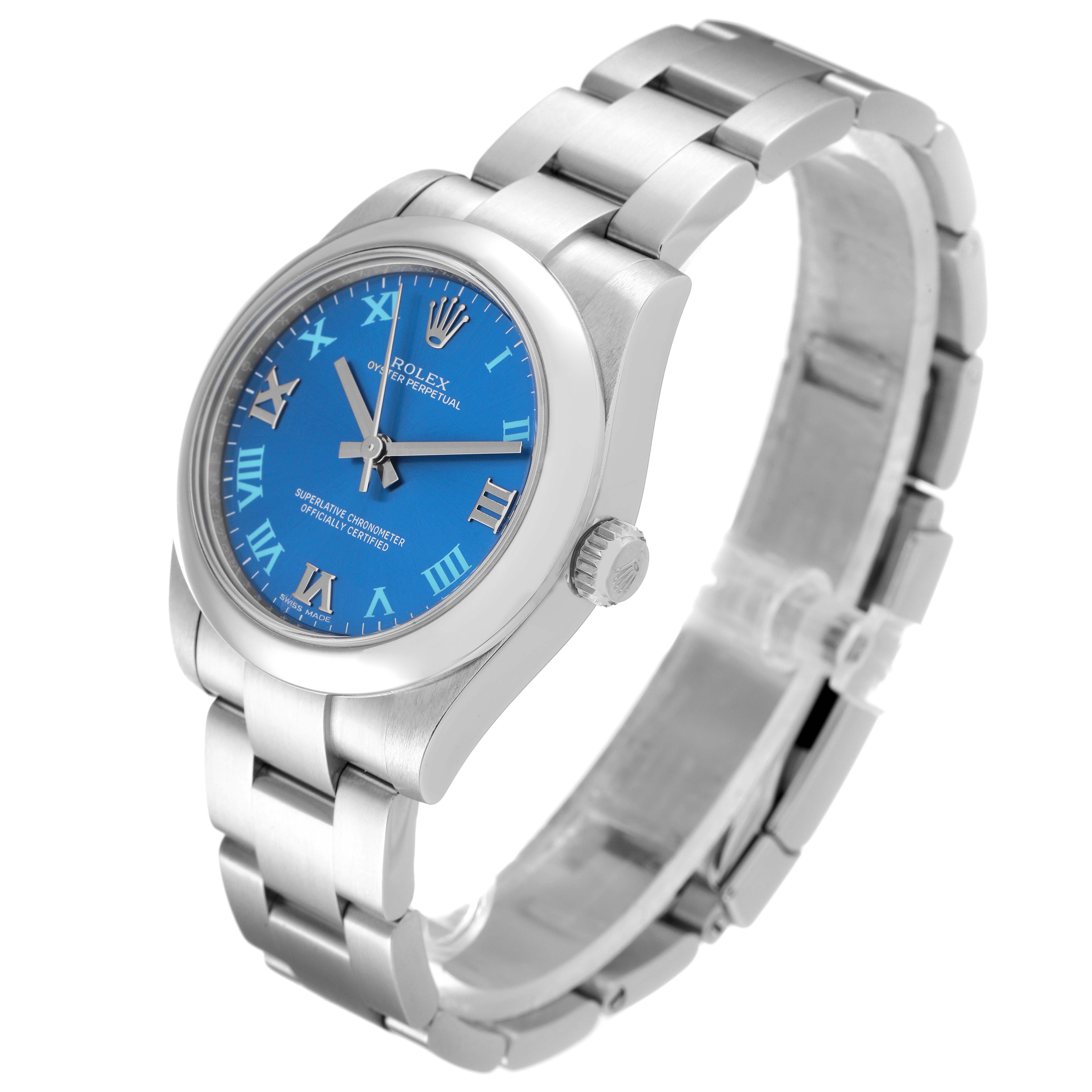 This image shows a side-front angle of a Rolex Mid-Size 177200 Women
s Stainless Steel Blue Dial 177200 Women
s Stainless Steel Blue Dial model watch, featuring its blue dial and stainless steel bracelet.